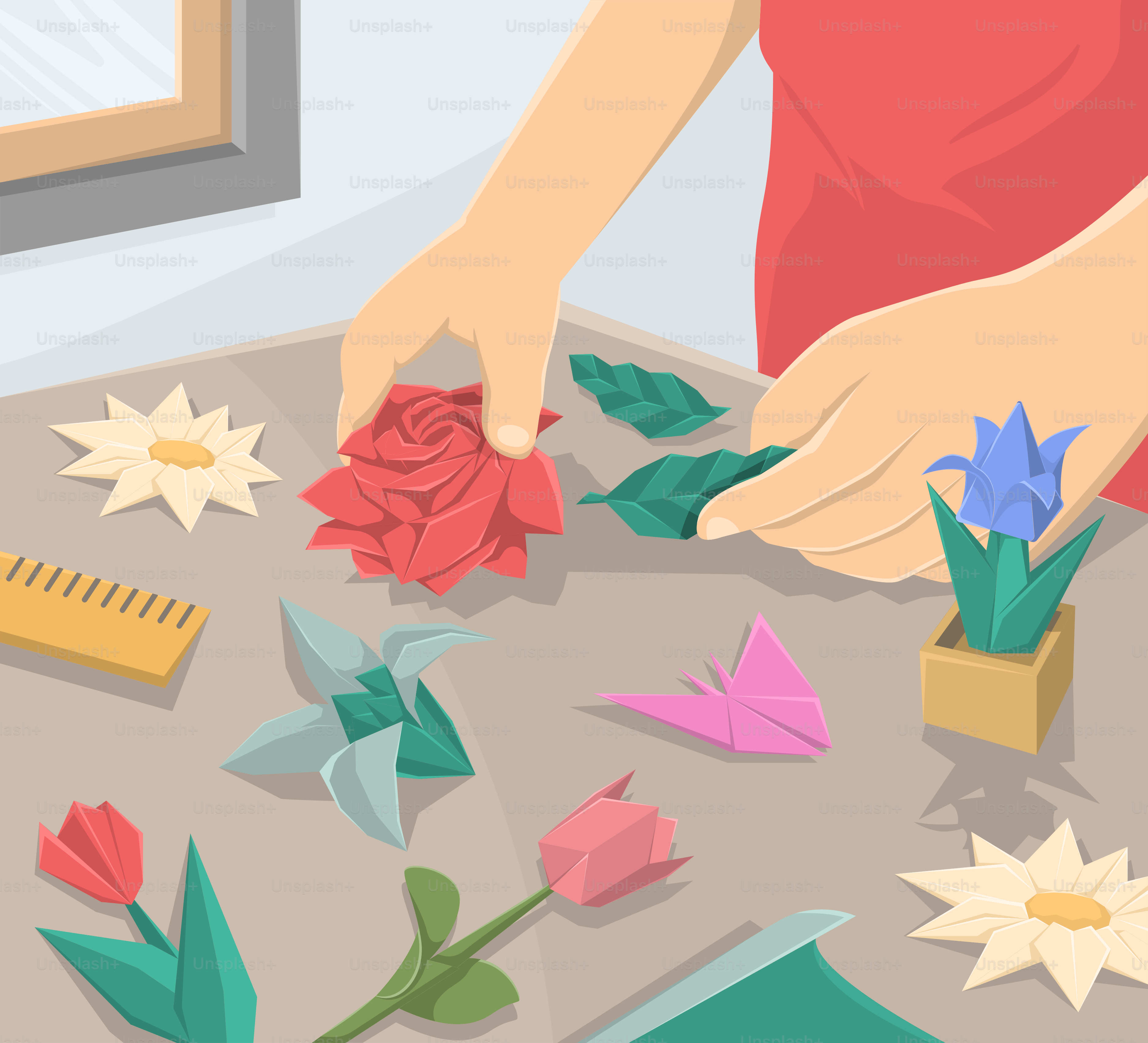 Person is arranging origami flowers and items.