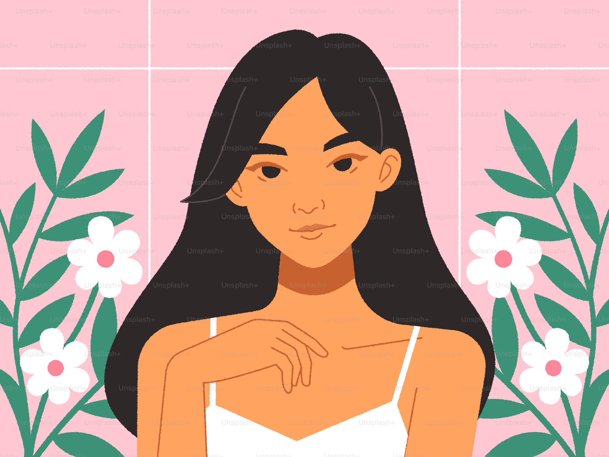Mujer hermosa posando con flores de fondo.
