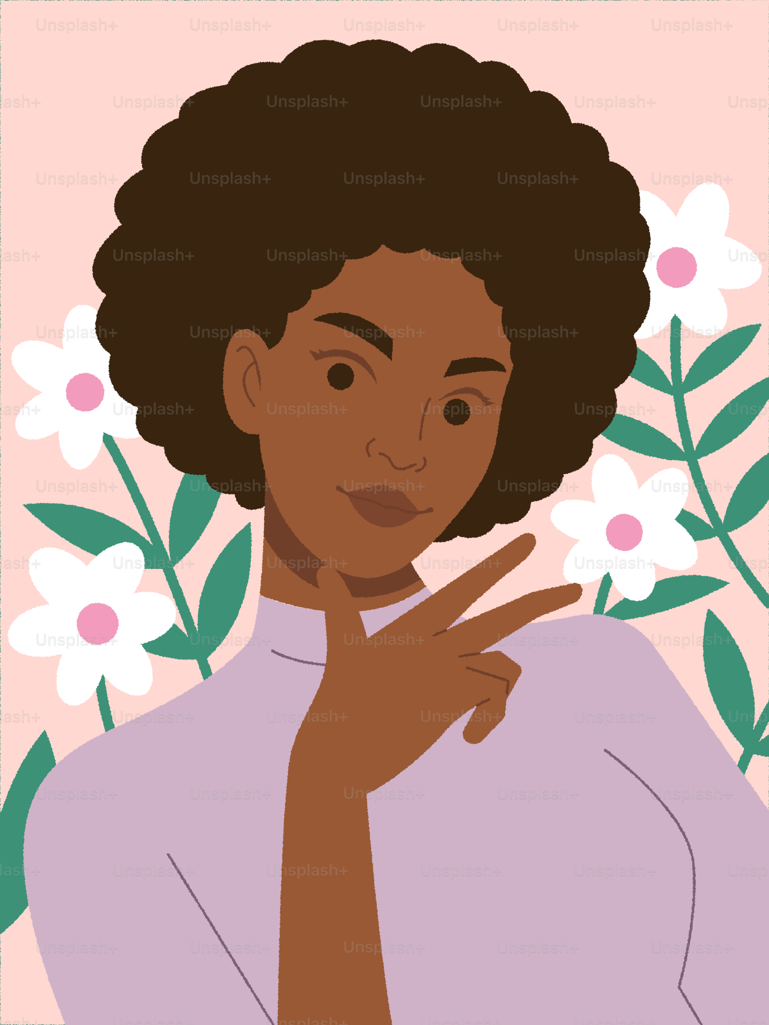 A woman poses with peace sign and flowers.