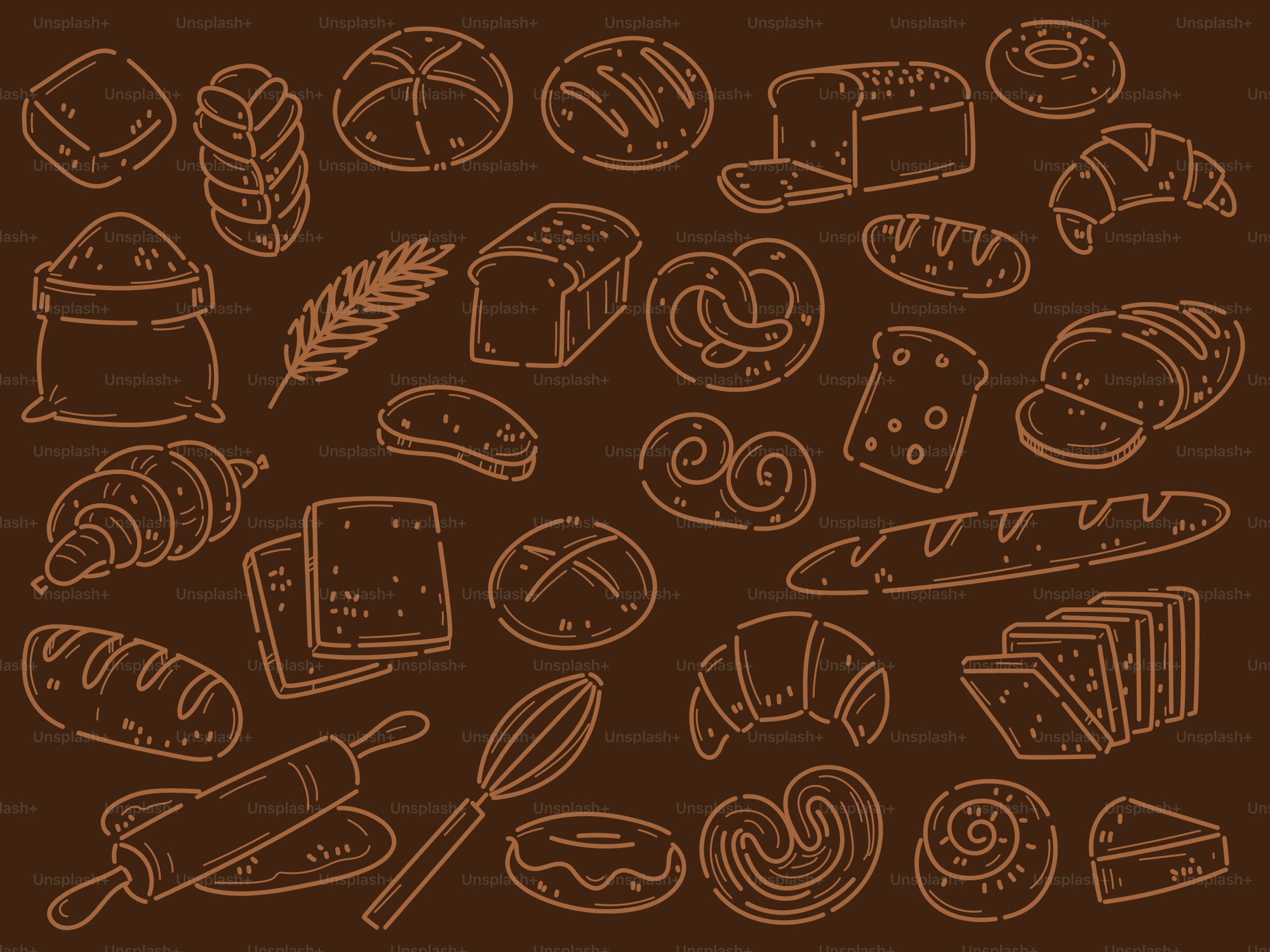 Various types of bread and bakery items on brown.