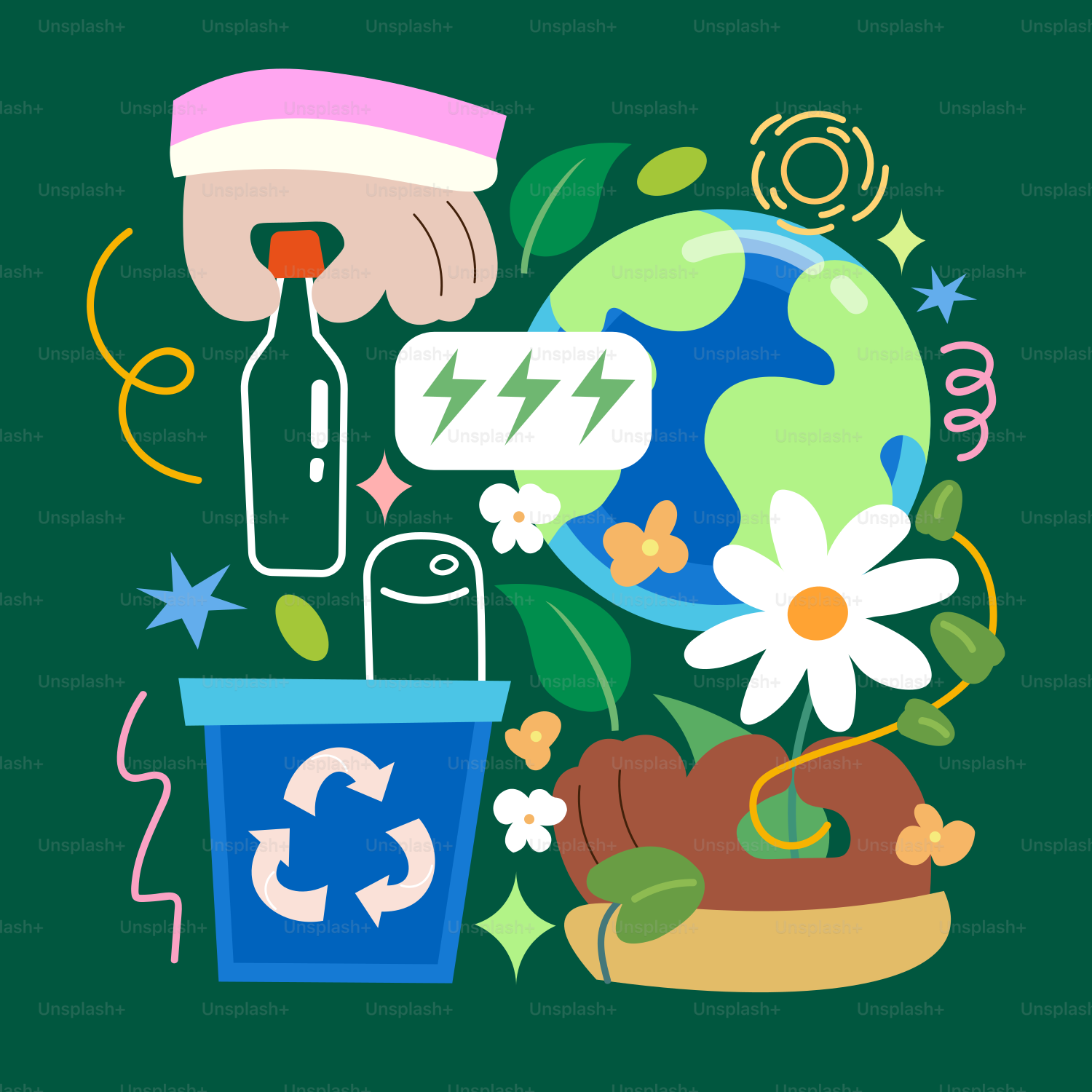 Recycling and saving the earth in an illustration.