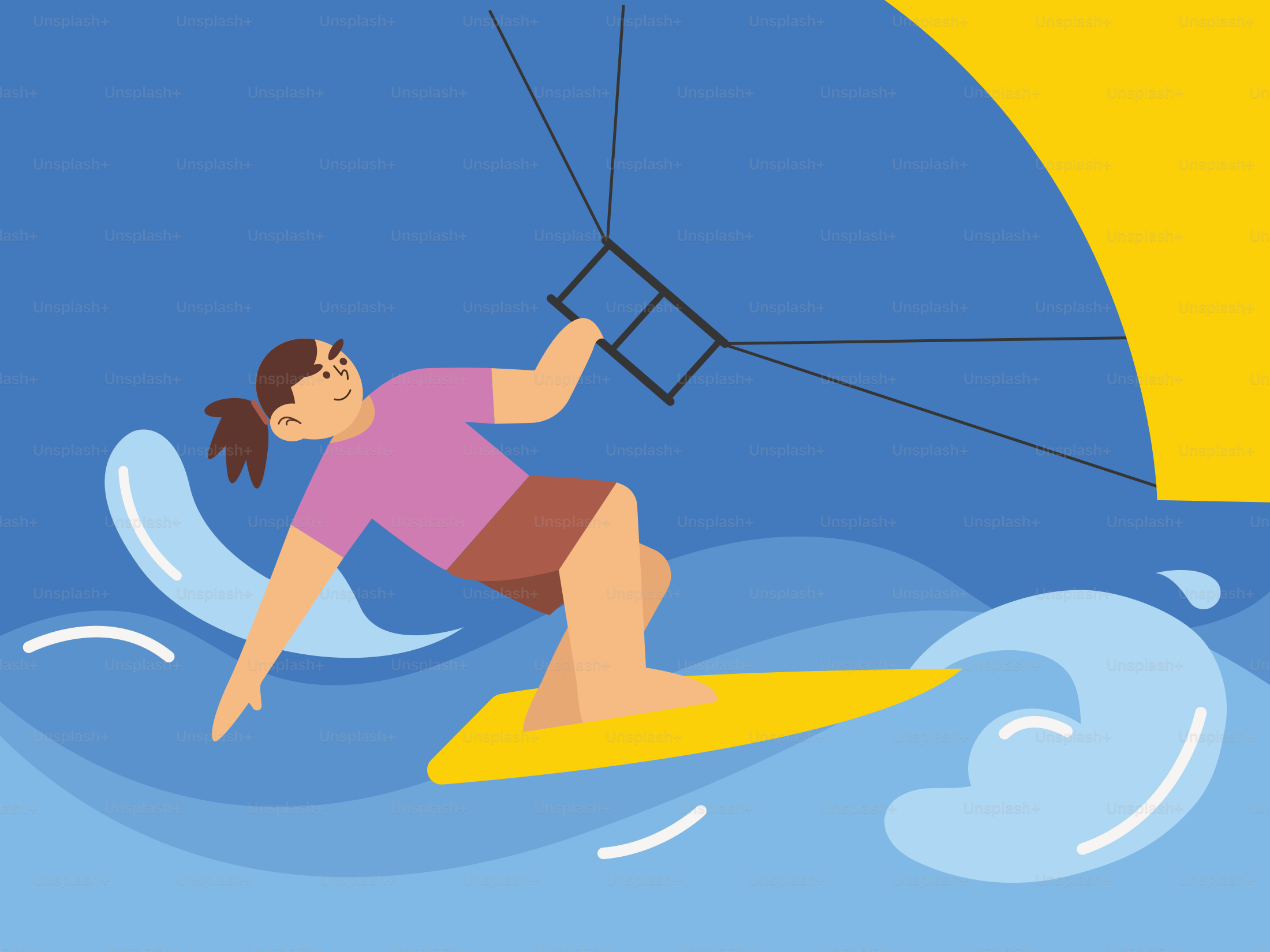 A person kitesurfing on a yellow board.