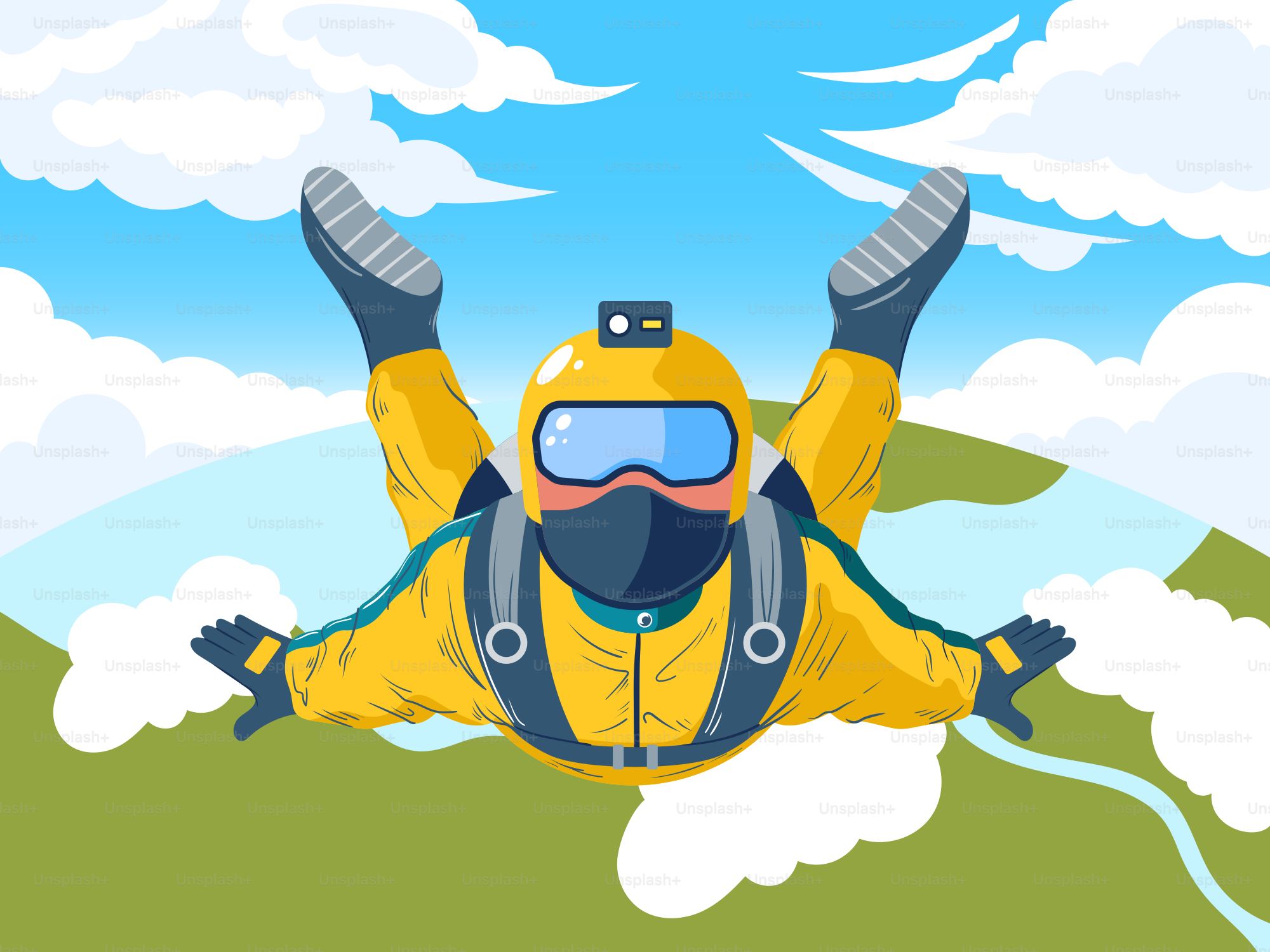 A skydiver soars through the blue sky.