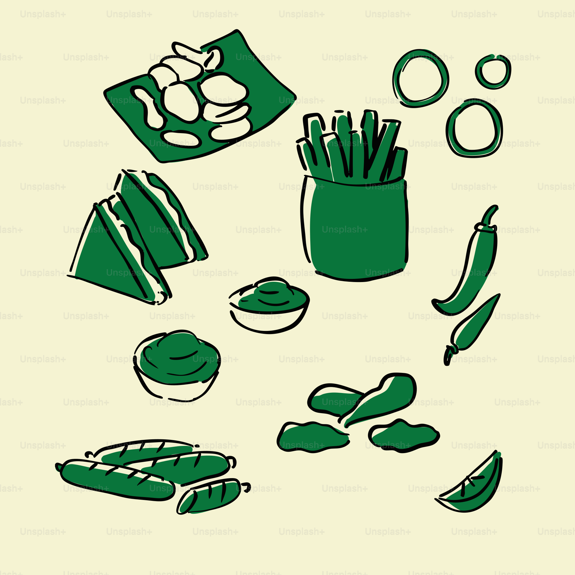 Various green foods are shown in this illustration.