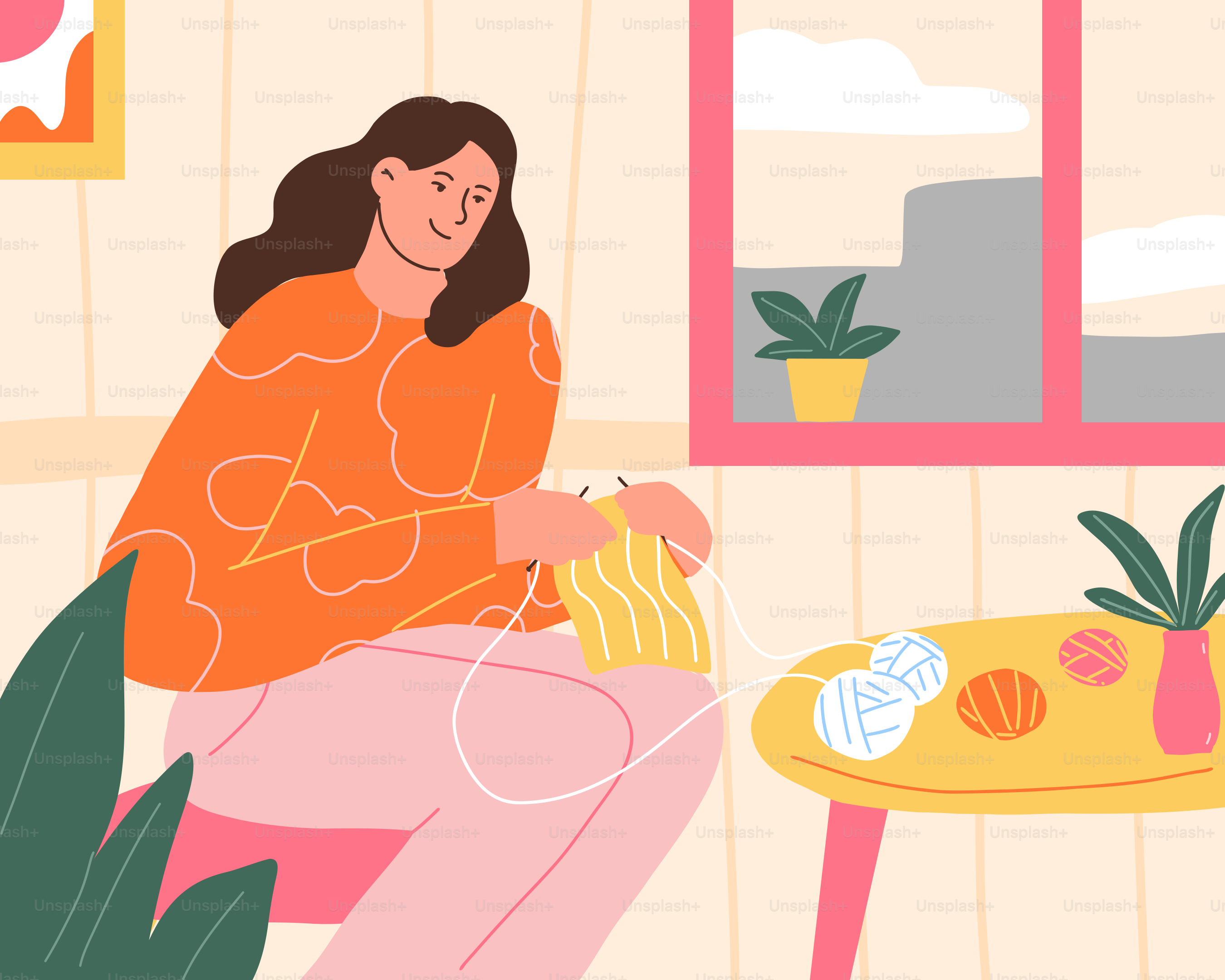 La donna sta pacificamente lavorando a maglia nella sua casa.