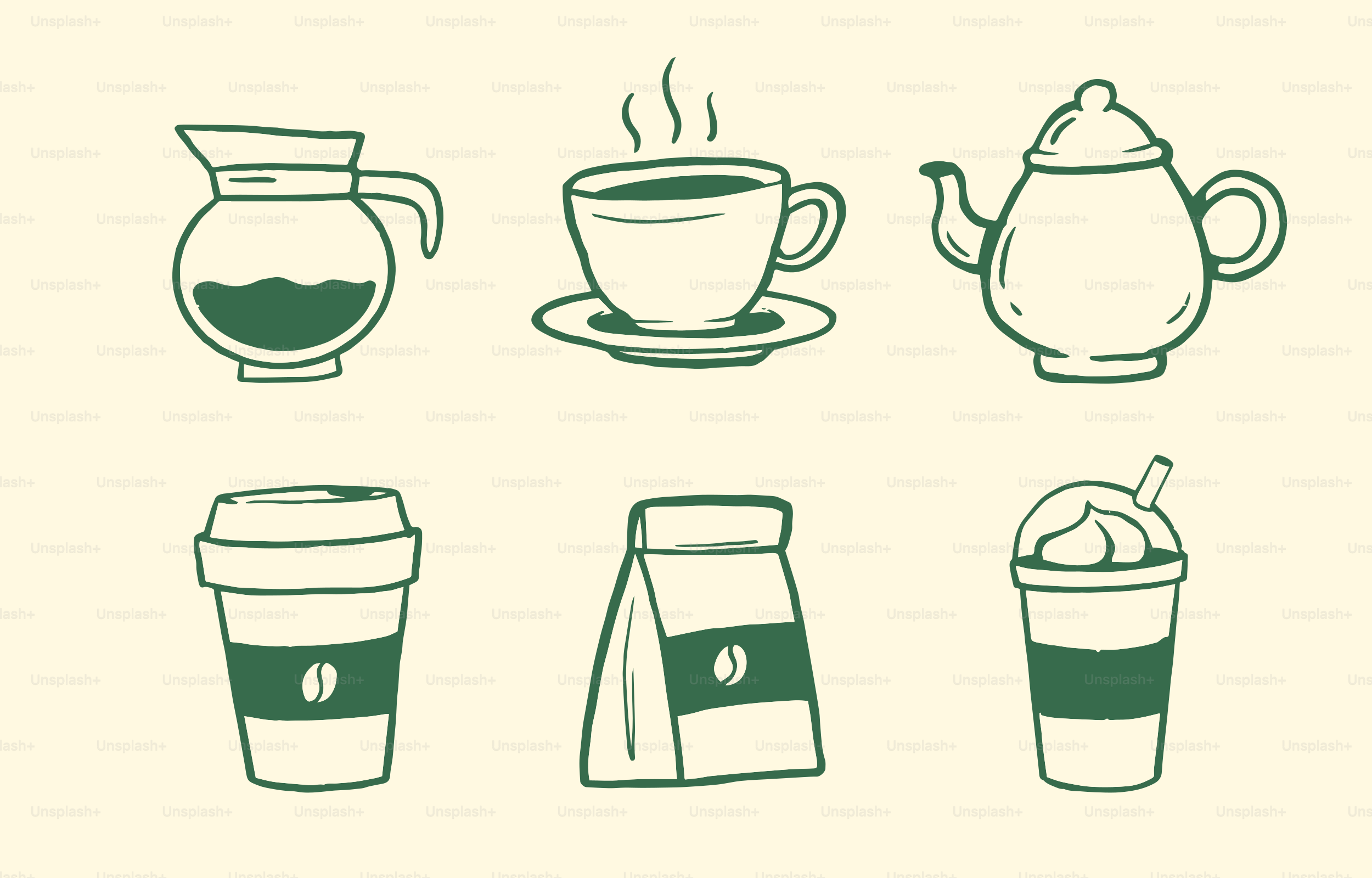 Verschiedene Kaffee- und Tee-bezogene Illustrationen werden gezeigt.