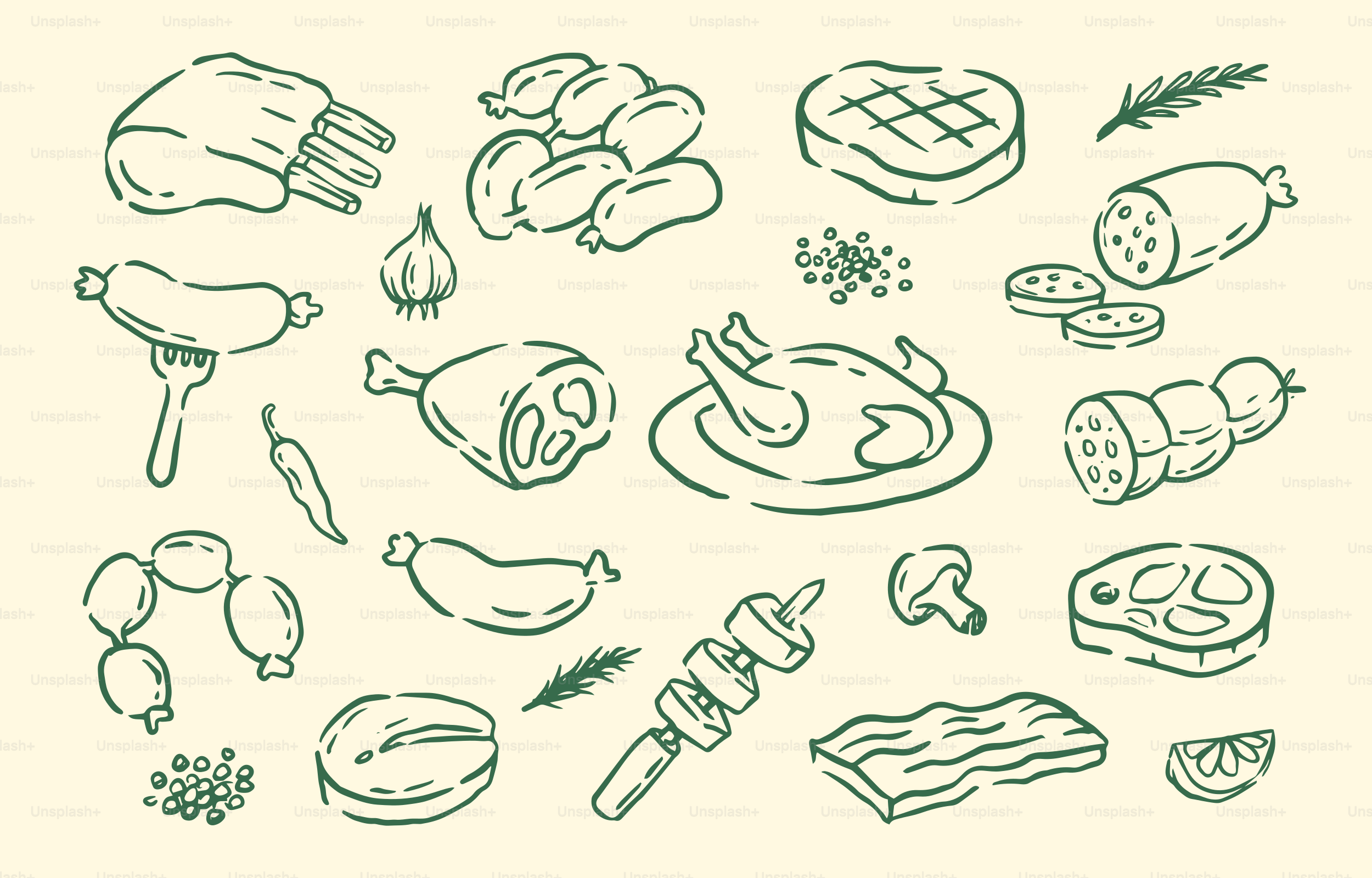 Various types of meat and ingredients are illustrated.