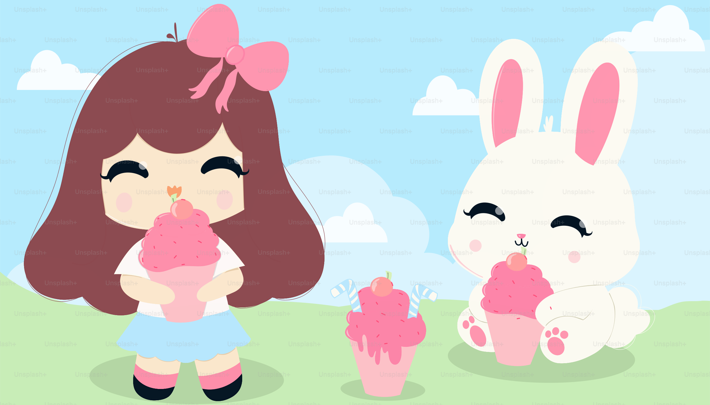 Girl and bunny enjoy cupcakes together happily.