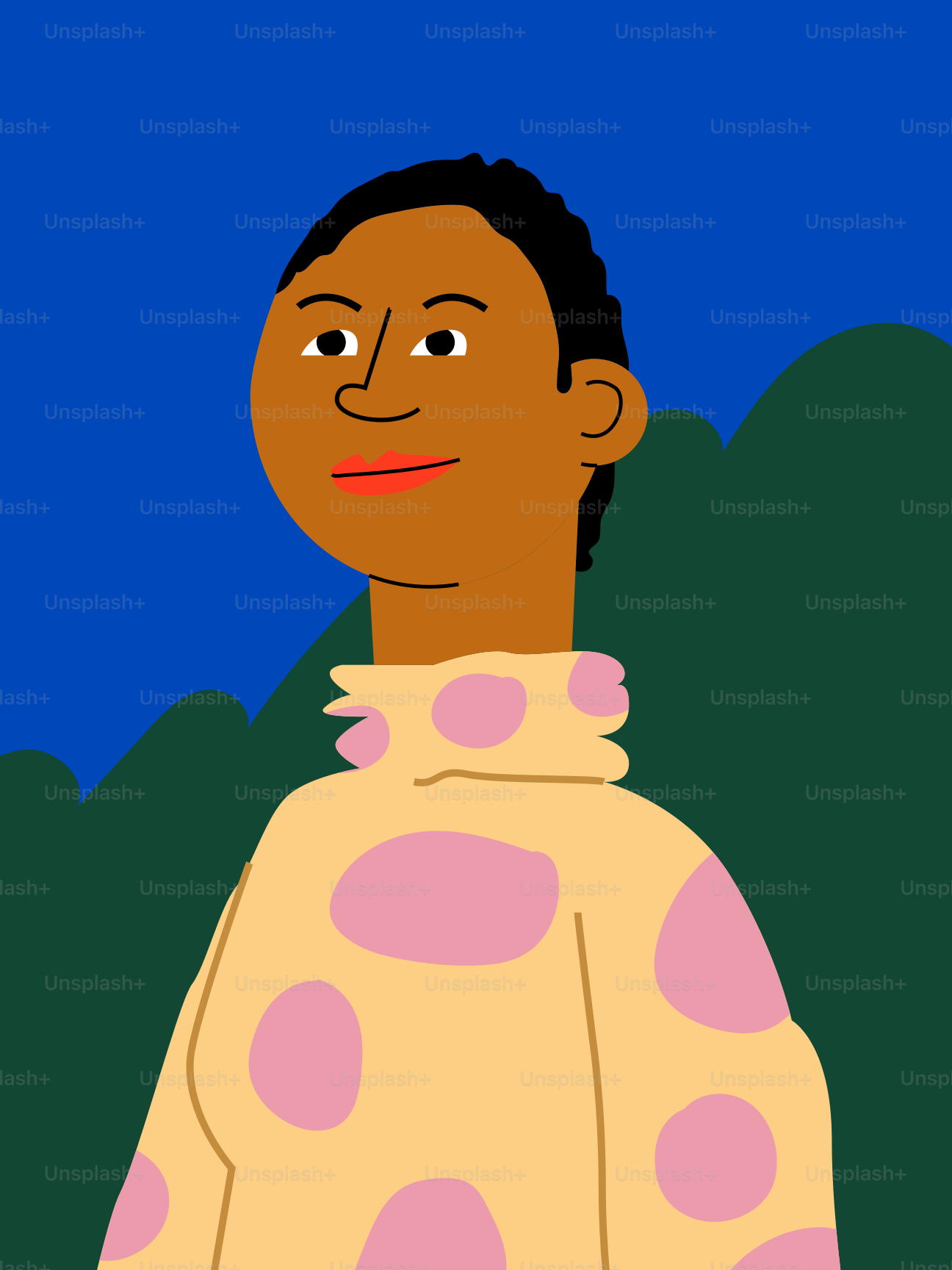 Une femme souriante en pull à pois.