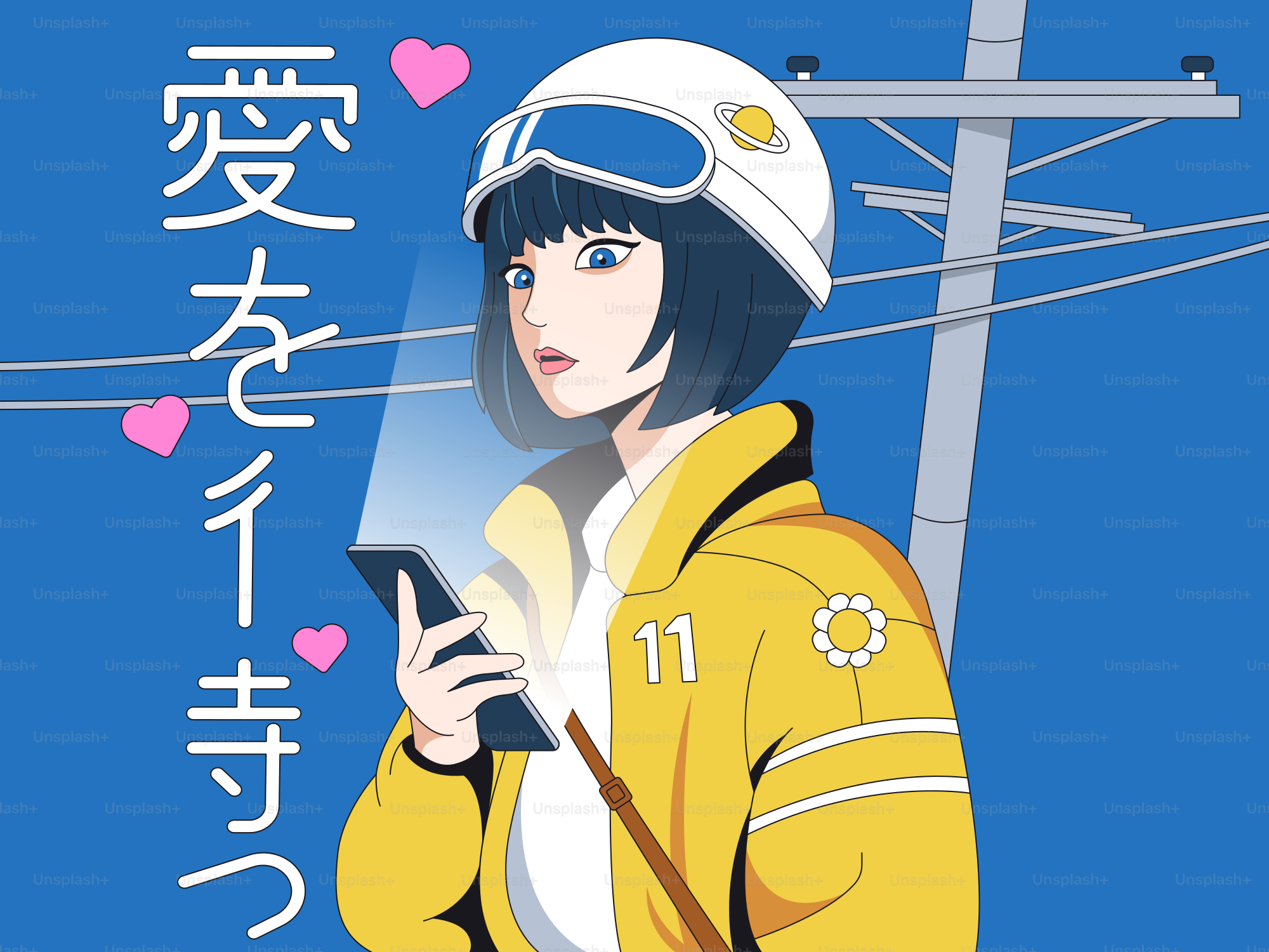 Girl in helmet holds phone with japanese text.
