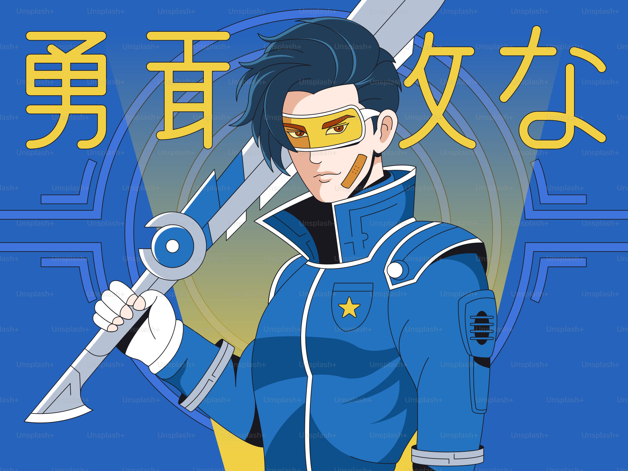 A futuristic anime hero holds a powerful sword.
