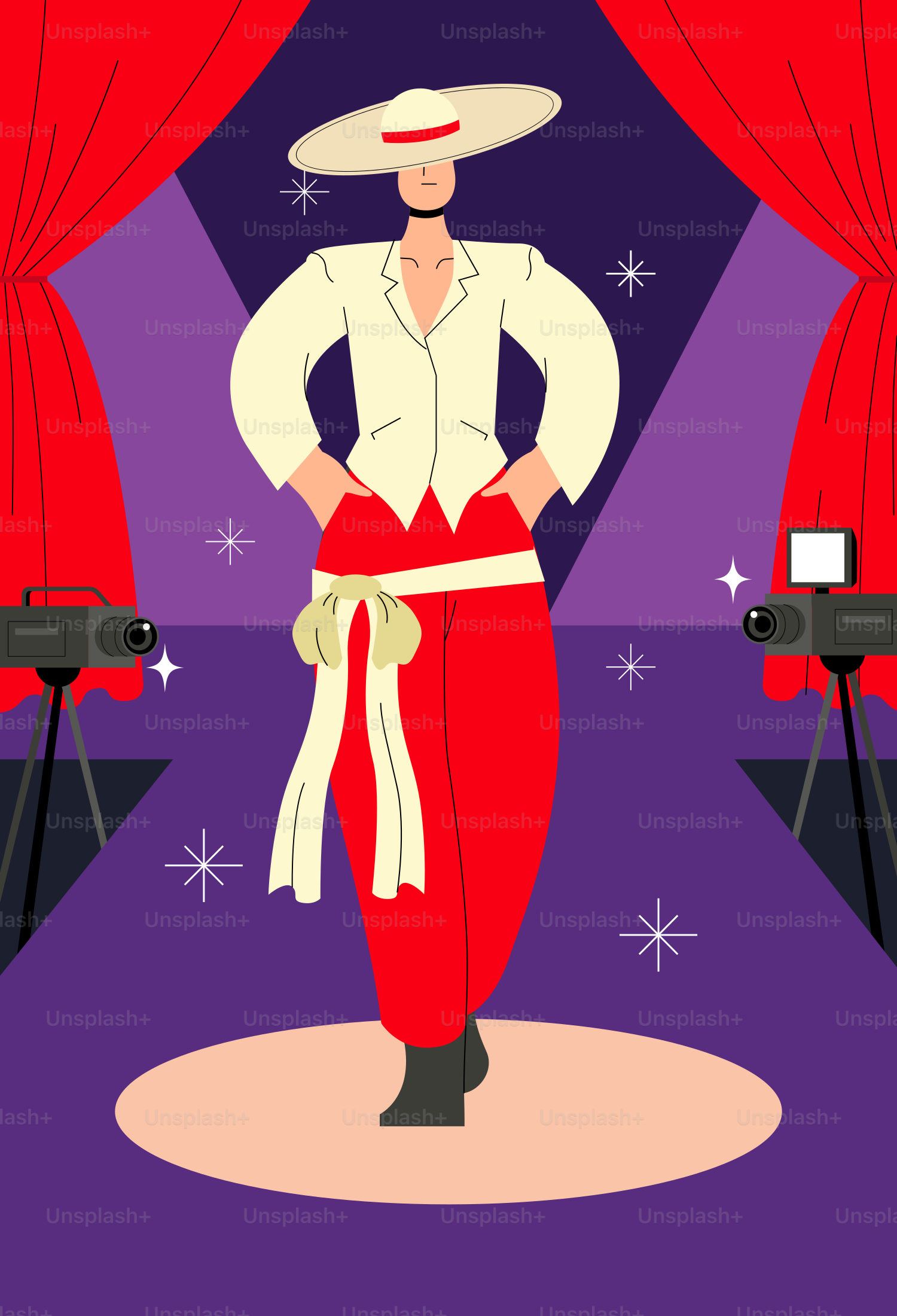 A fashion model struts on stage in a runway show.