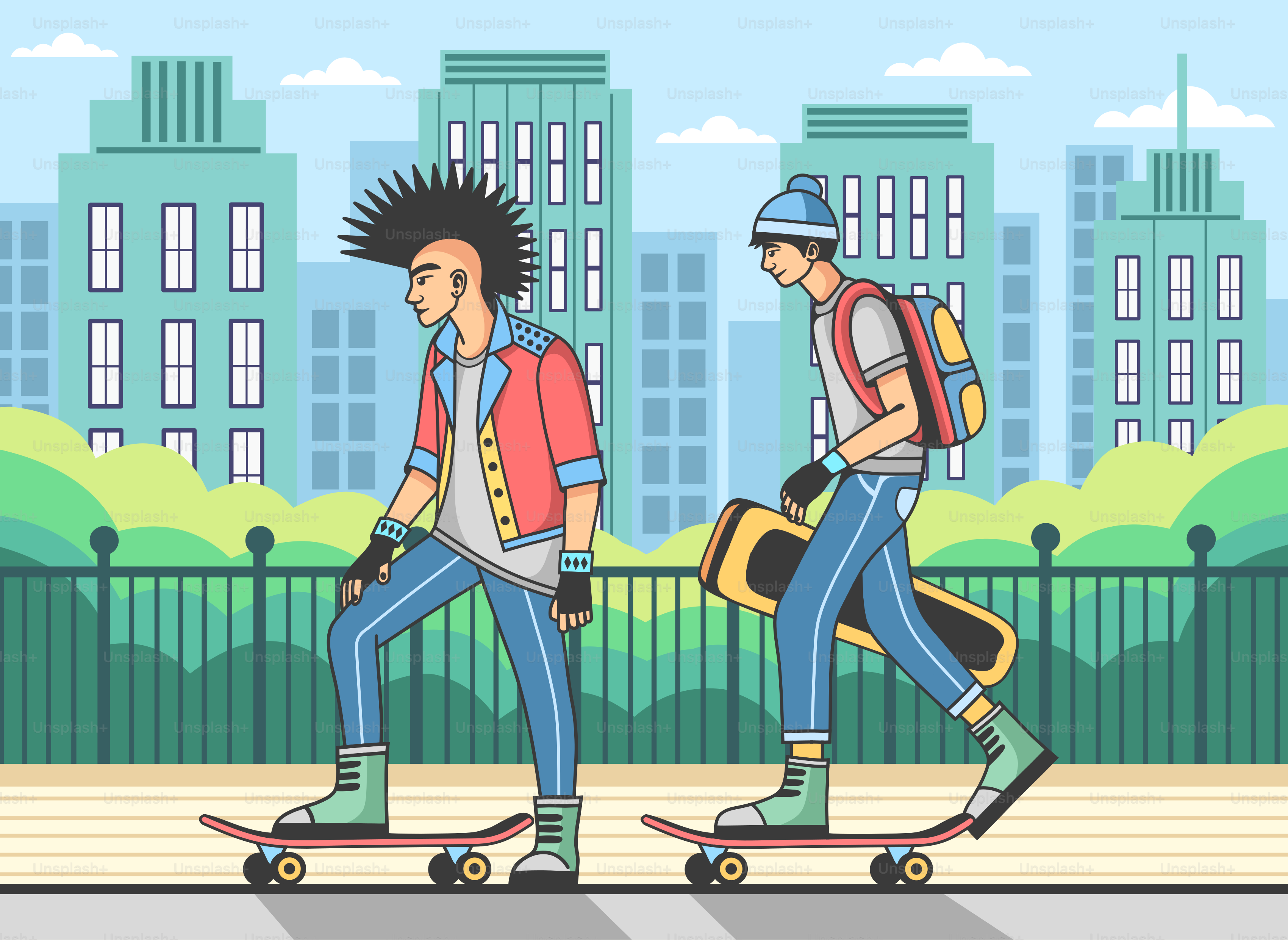 Zwei Skateboarder skaten in einer Stadt.