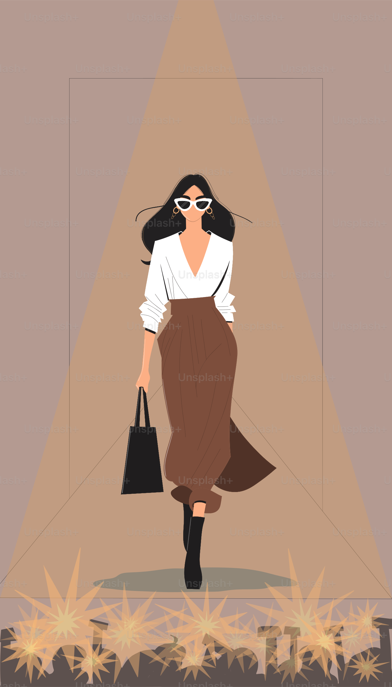 Fashion illustration of a woman walking under spotlights.