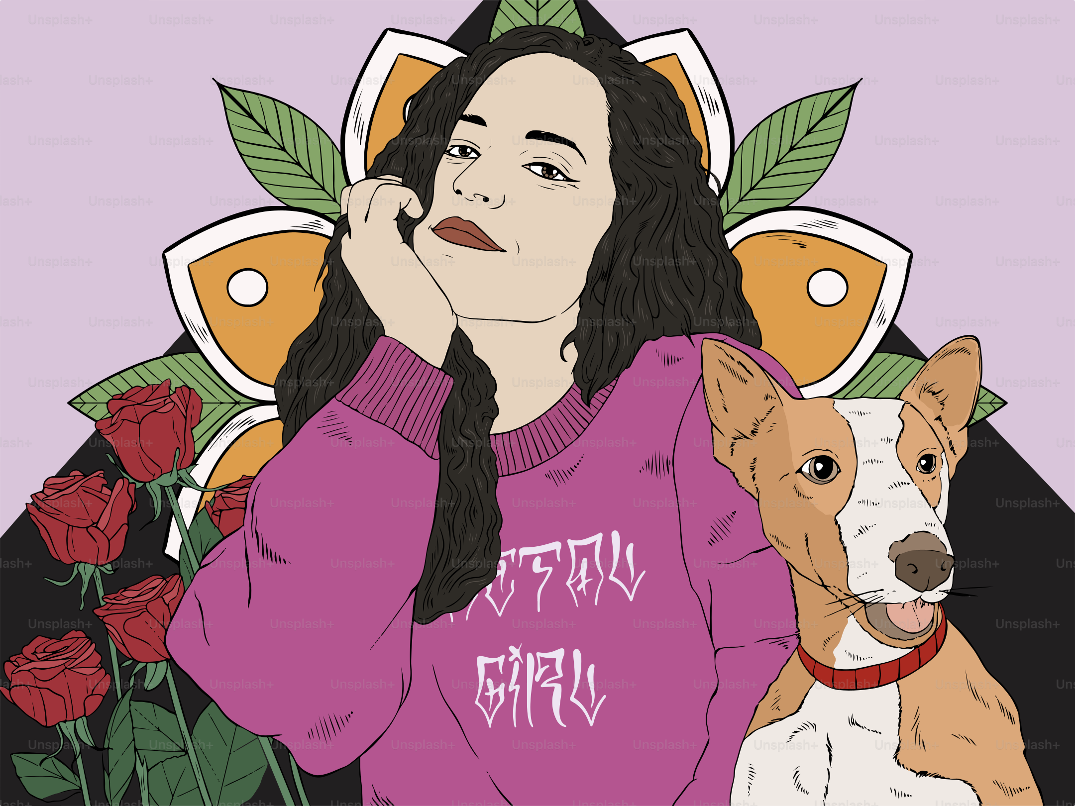 Chica y su perro posando para un retrato creativo.