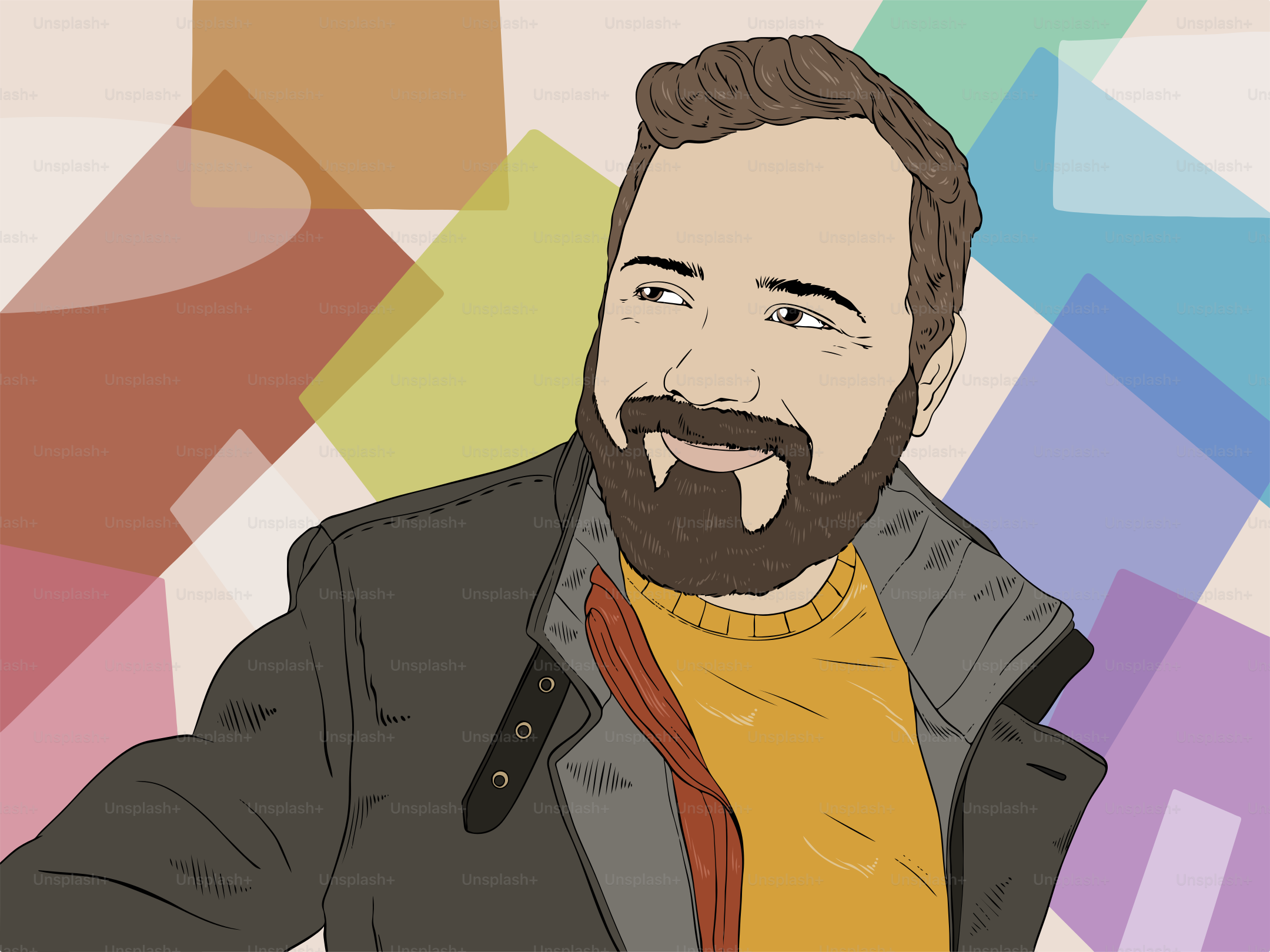 ひげを生やした吸血鬼がカラフルな背景に微笑んでいる。のベクター – Unsplashの肖像の画像, image size:3000x2250