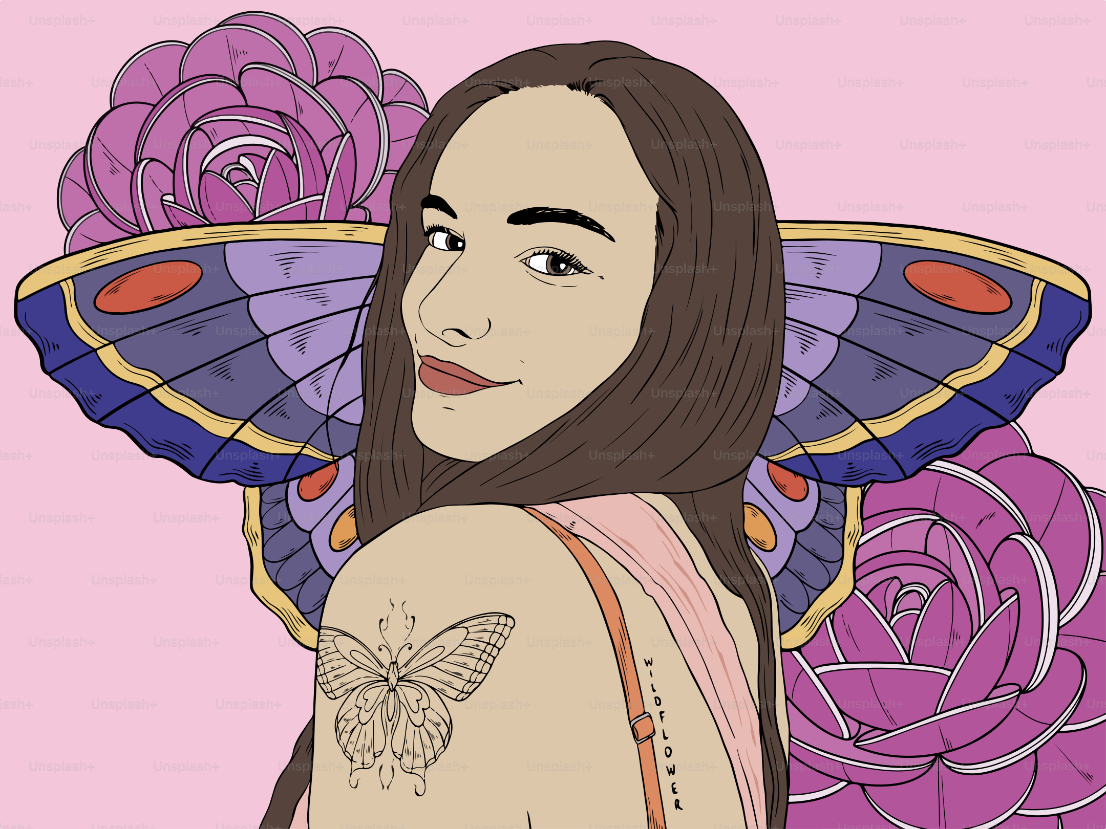 A girl with a butterfly tattoo and wings.