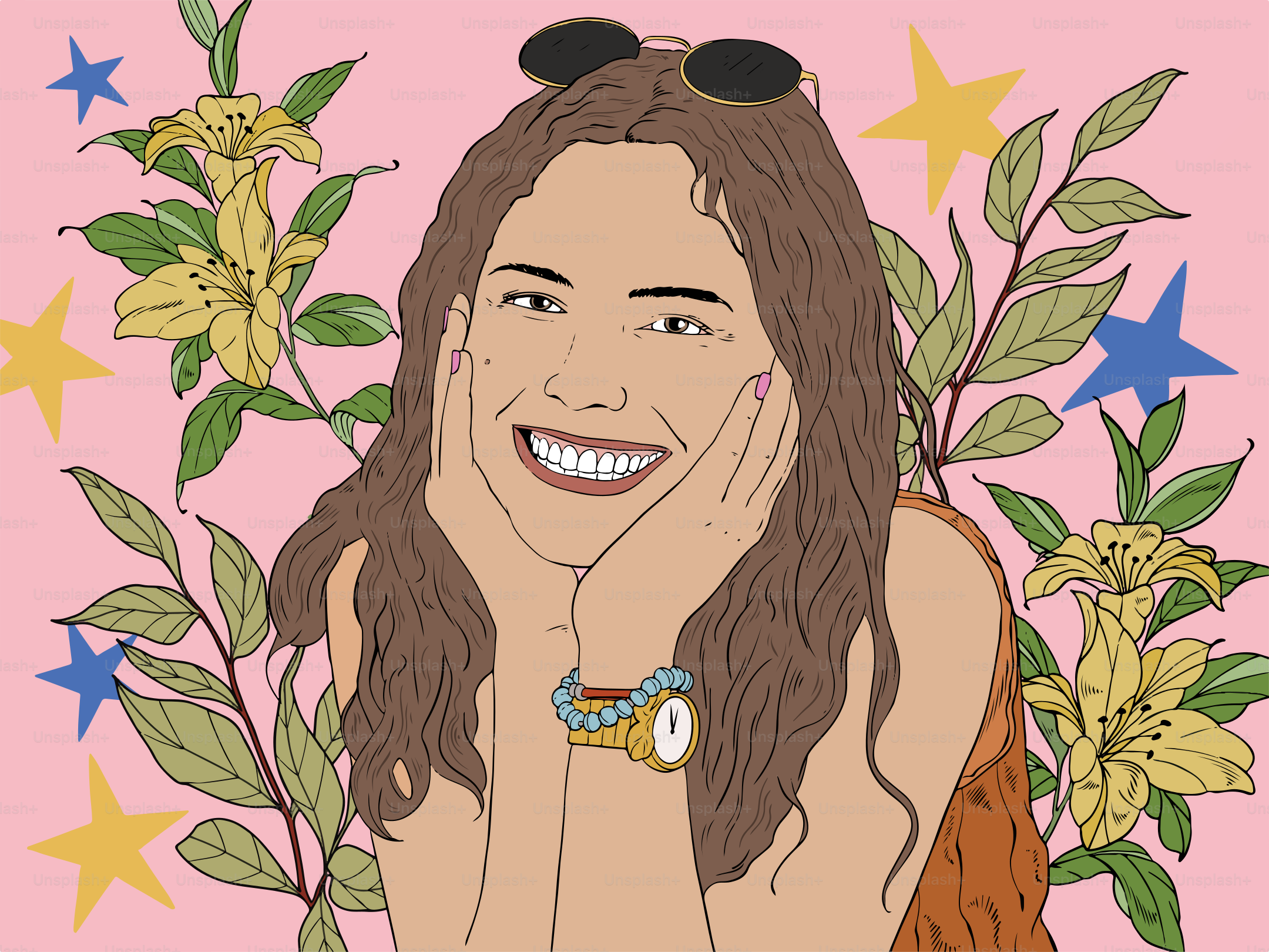 A smiling woman surrounded by flowers and stars.