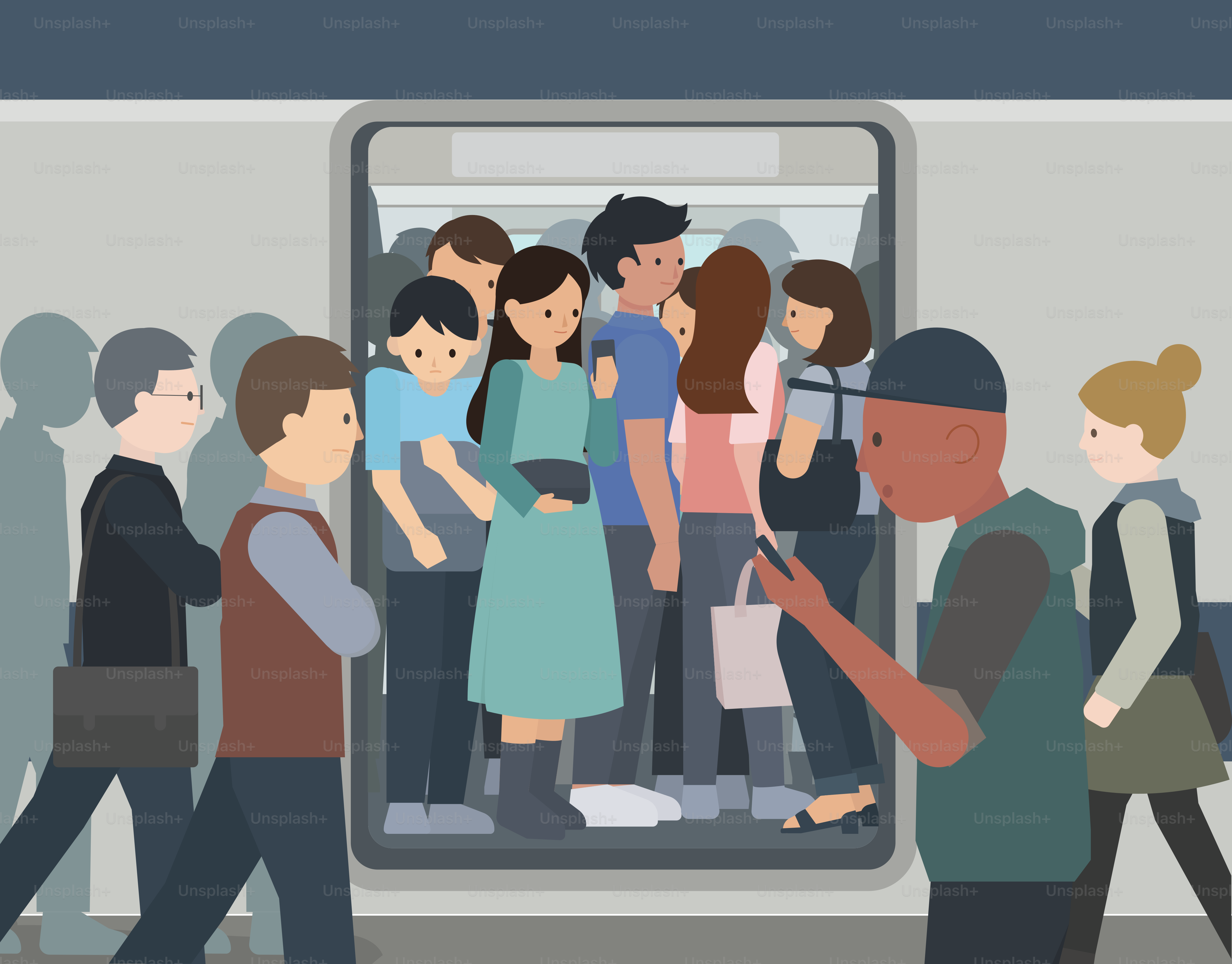 A crowded train with people traveling.