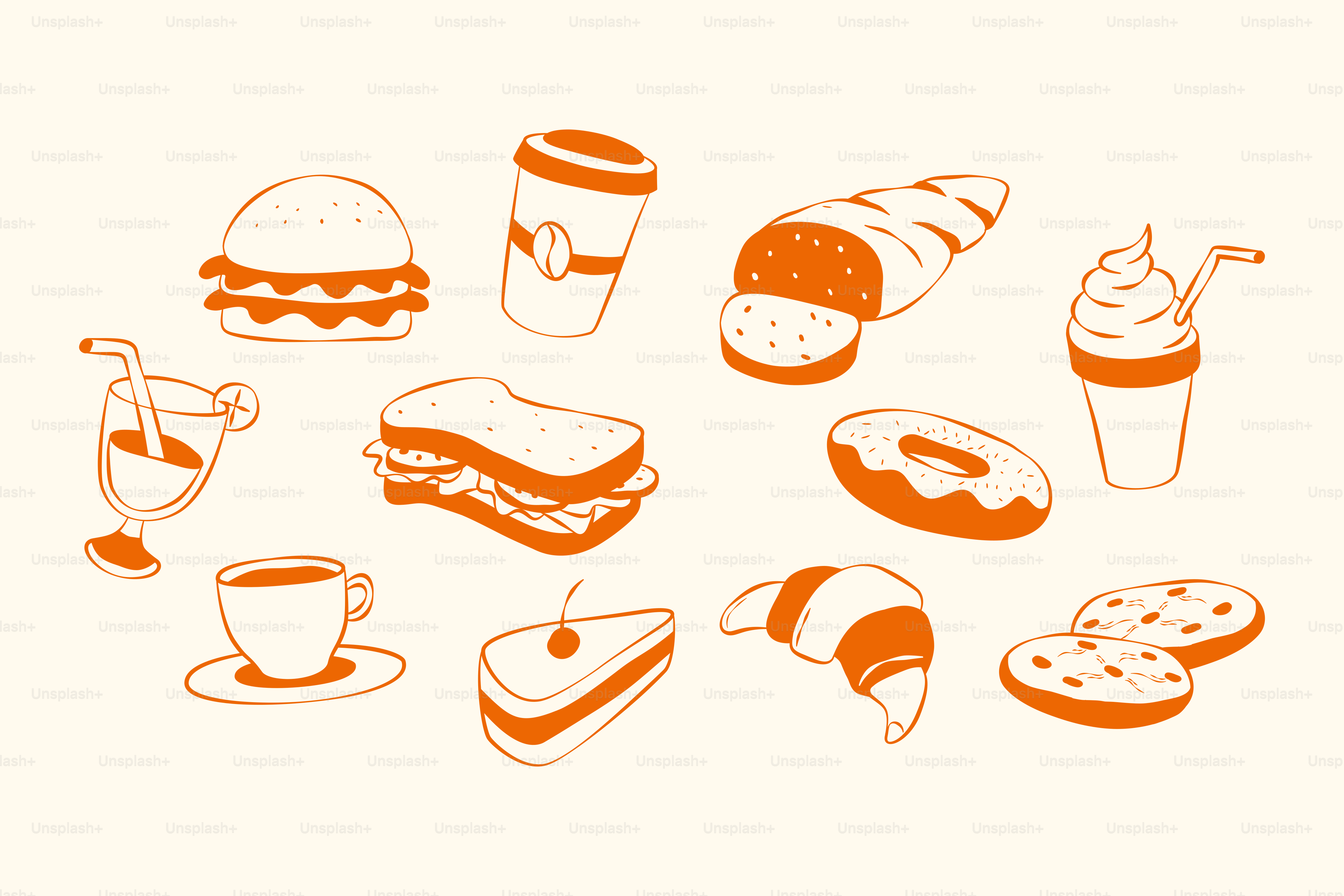 Various fast food items are illustrated in orange. vector – Food Image on  Unsplash, image size:3000x2000