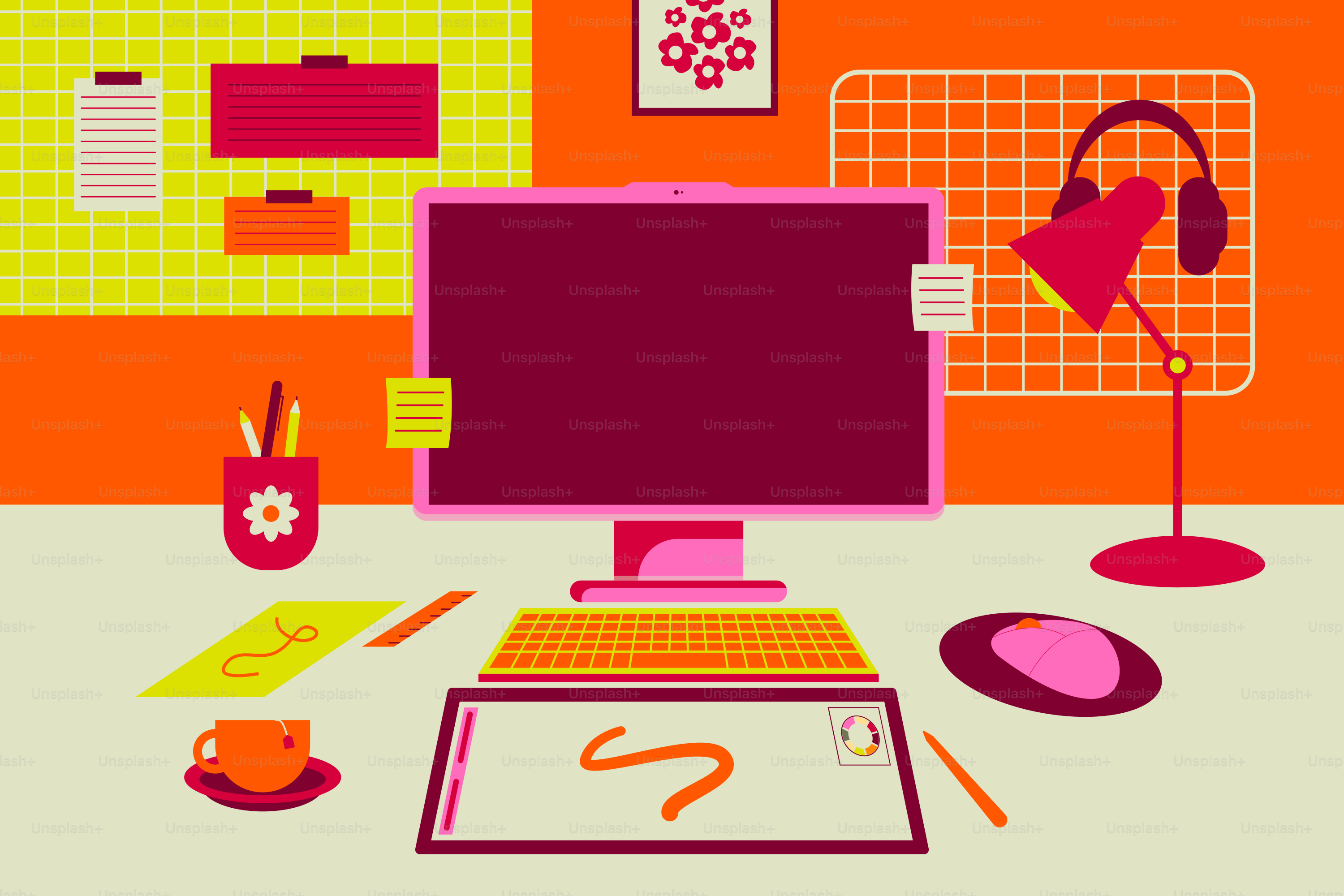 A colorful, stylized illustration of a workspace.