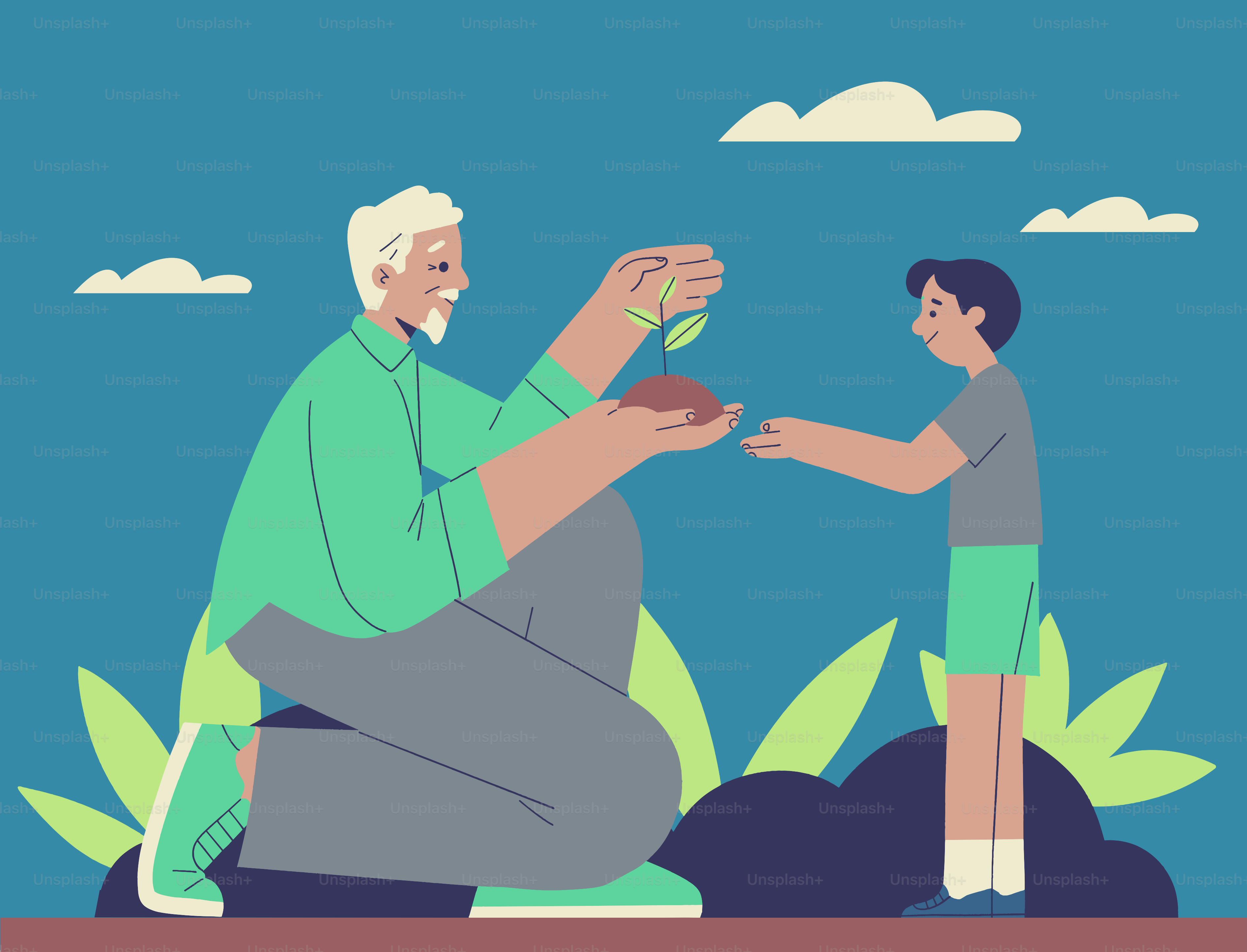 Grandfather and grandson plant a small sprout.