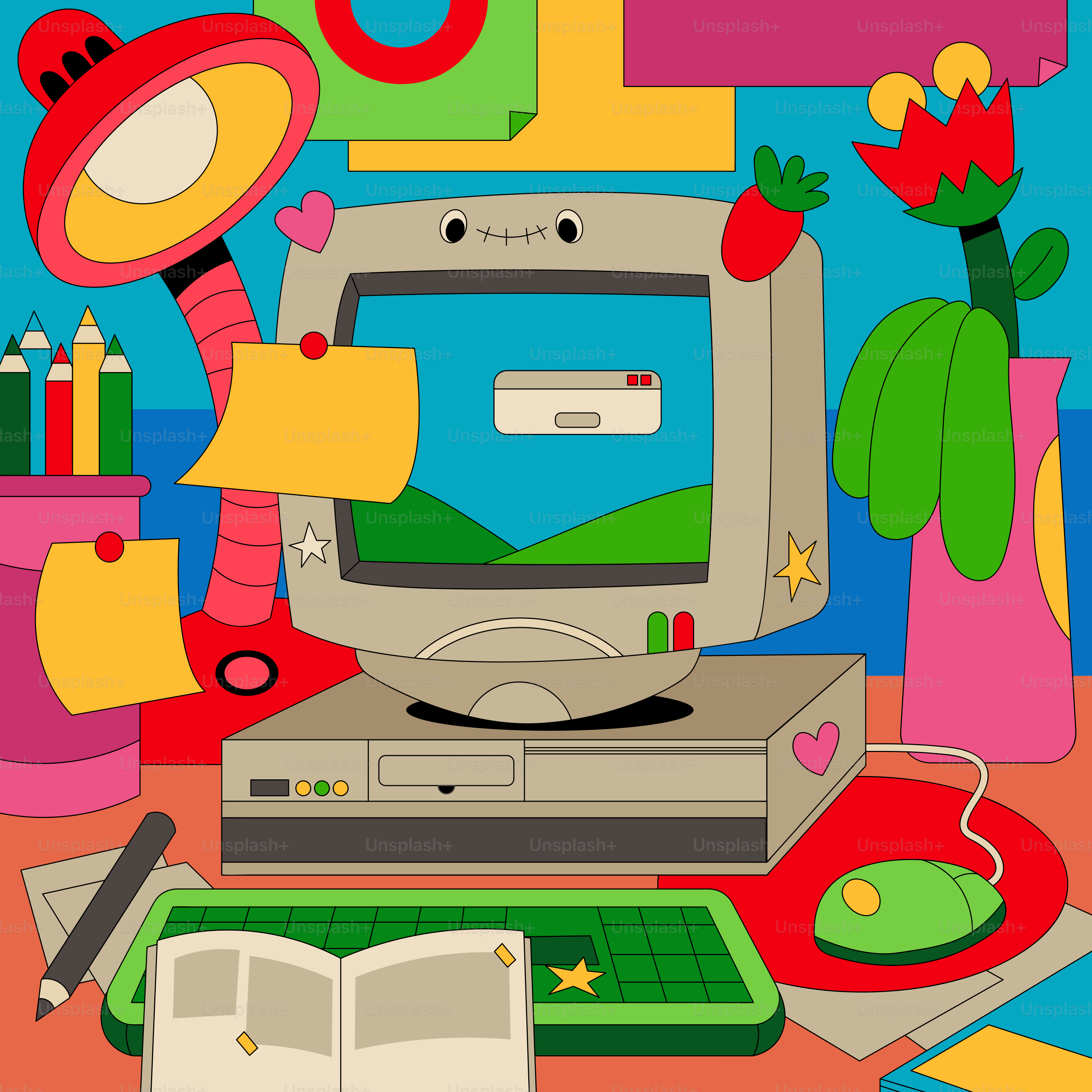 Uma ilustração colorida de um computador retro.