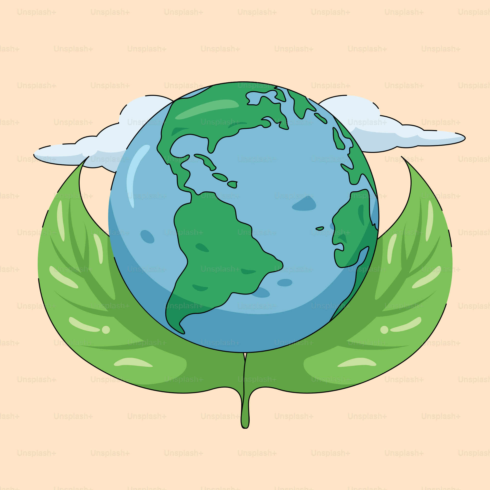 Earth surrounded by leaves, cloud, and a light backdrop.