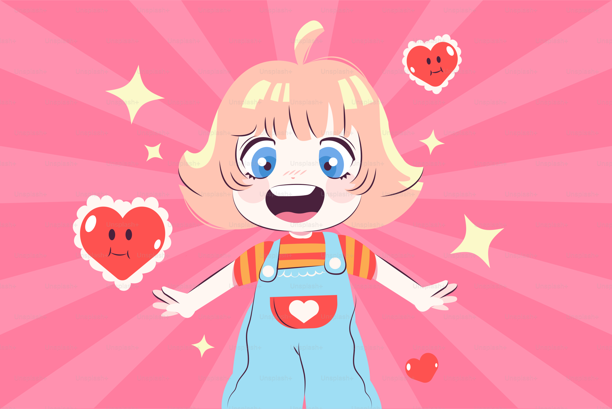 Cute cartoon girl surrounded by hearts and stars.