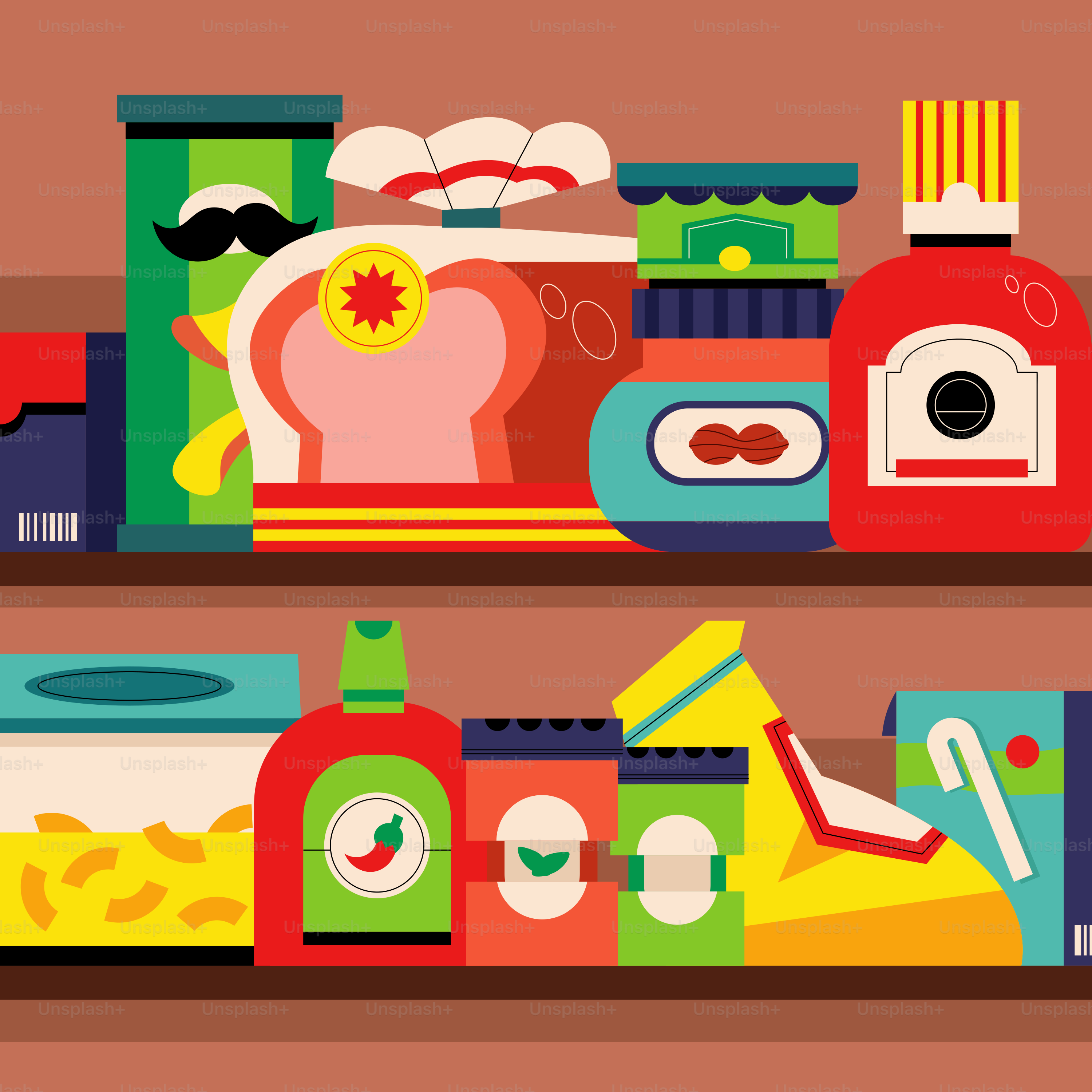 A colorful pantry shelf with groceries.