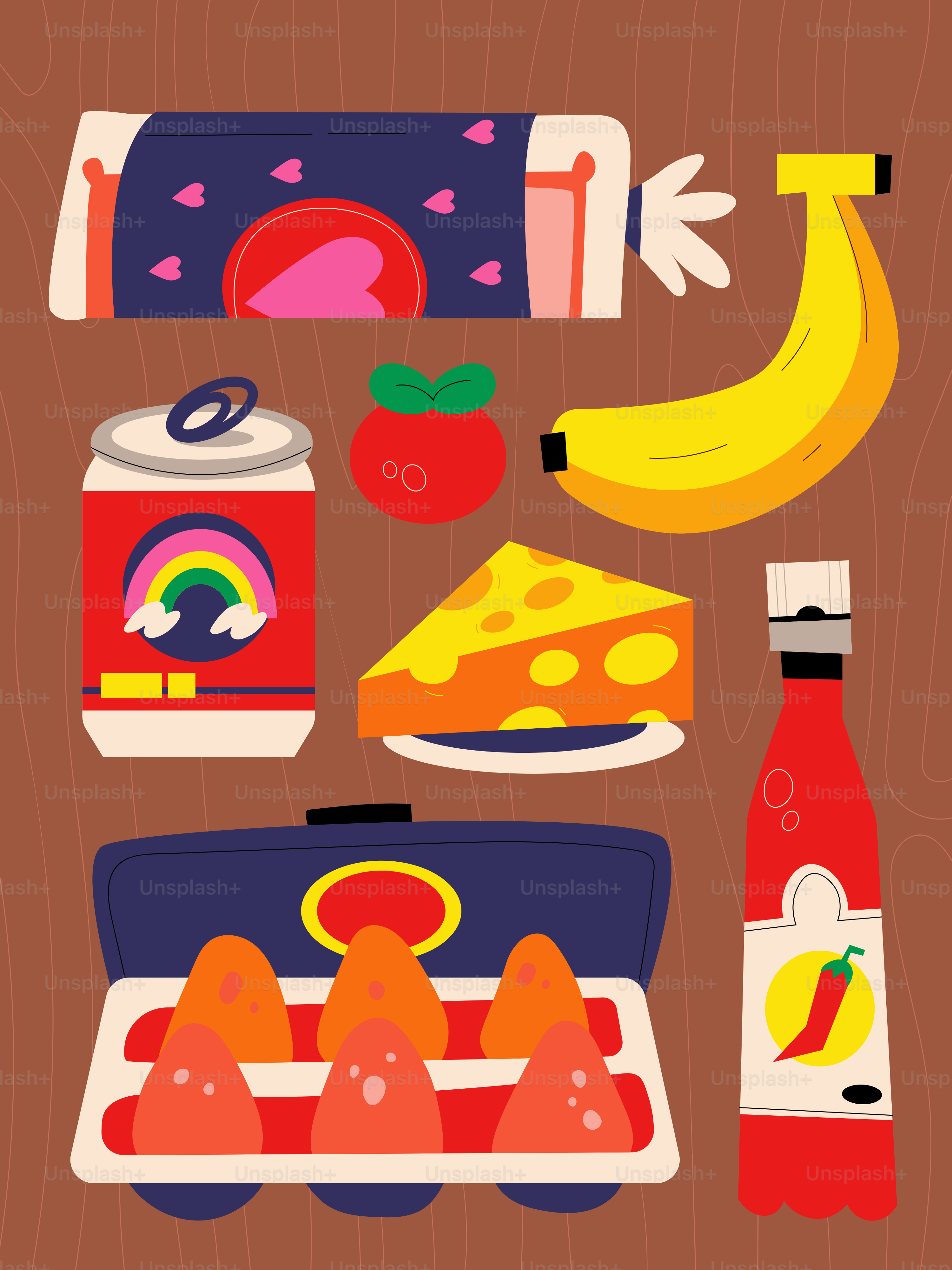 Alimentos e ingredientes expuestos con ilustraciones divertidas.