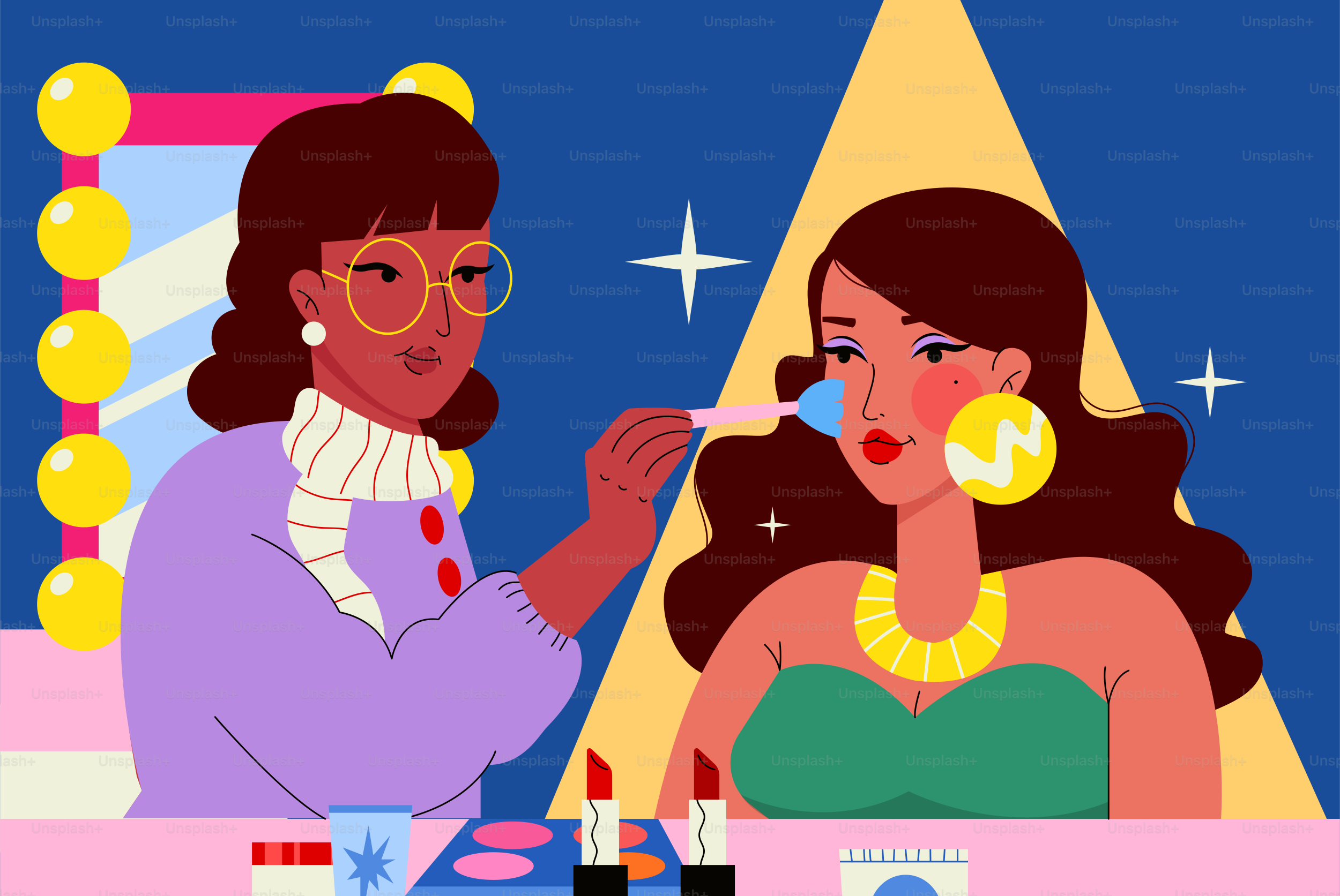 A makeup artist applies makeup to a model.