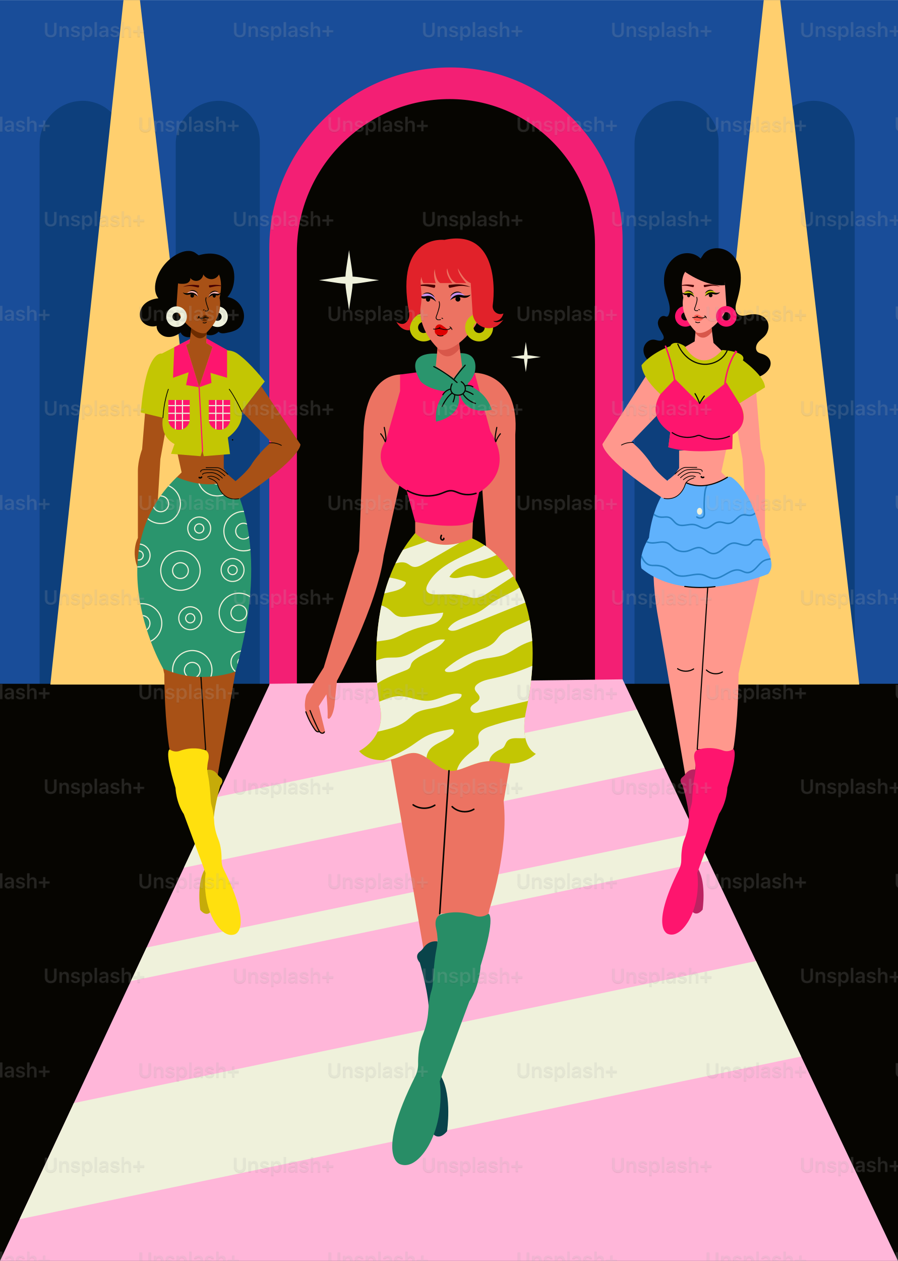 Models strut down the runway in vibrant, retro outfits.