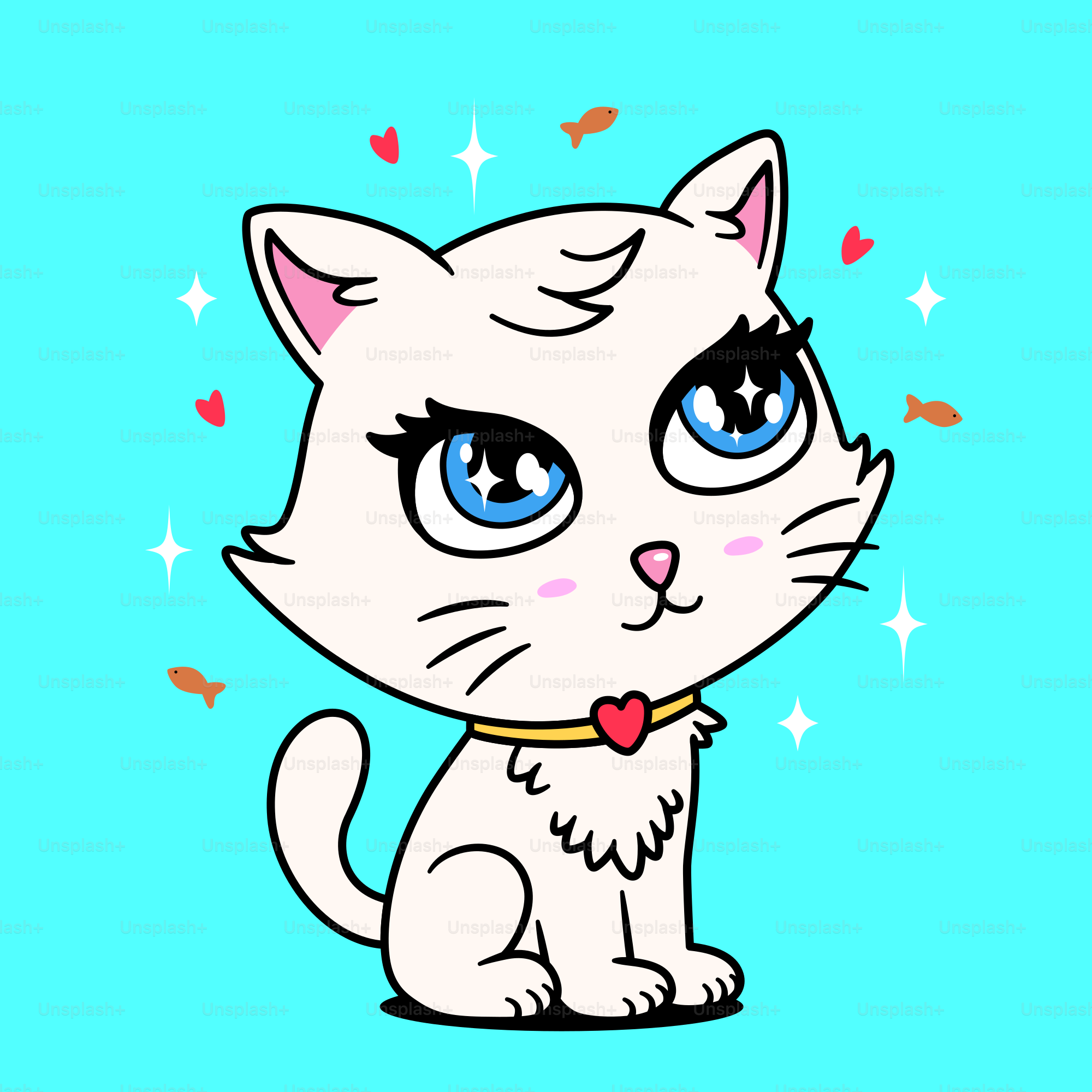 A cute cartoon cat with hearts and fish.