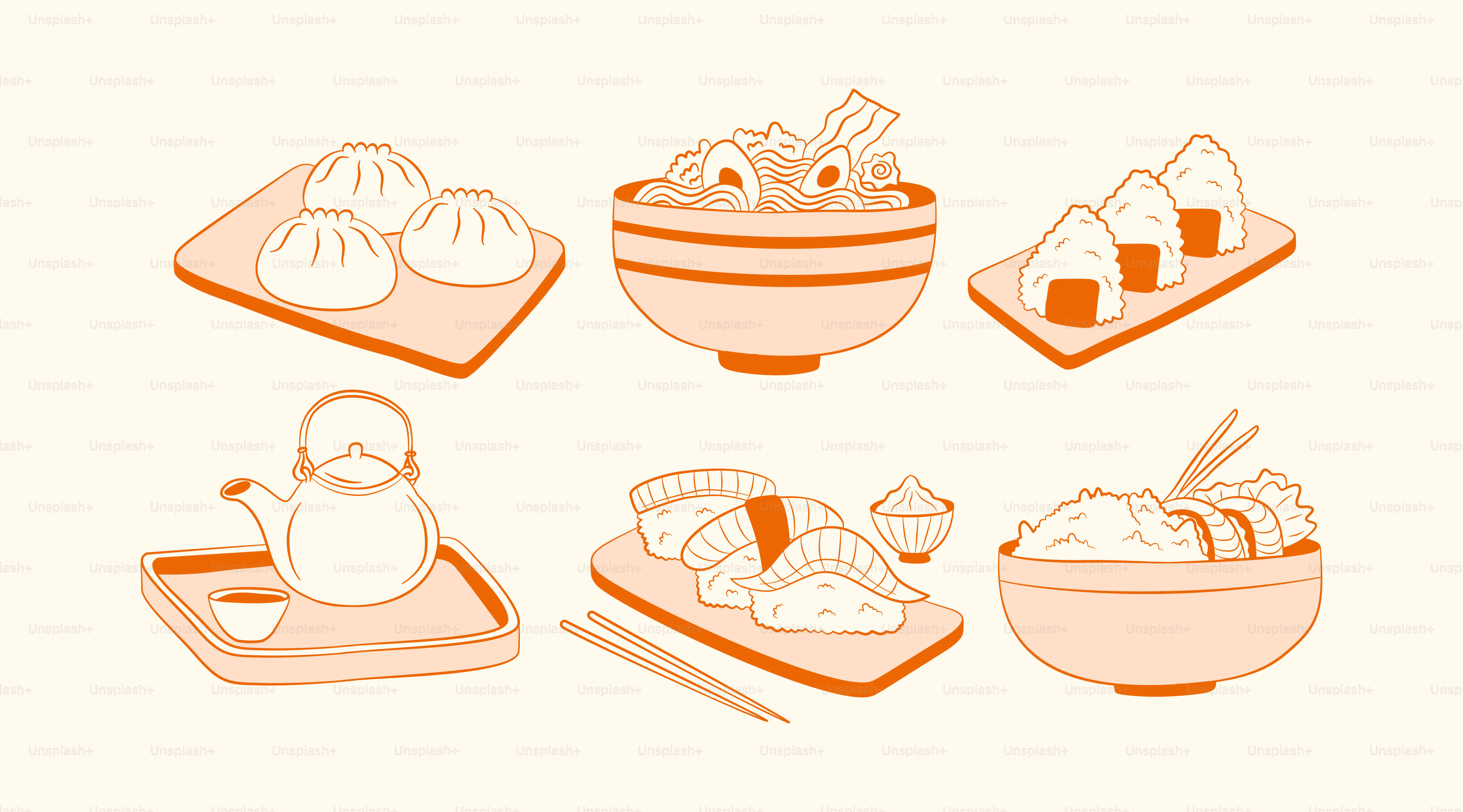 Various asian food dishes arranged in a neat manner.