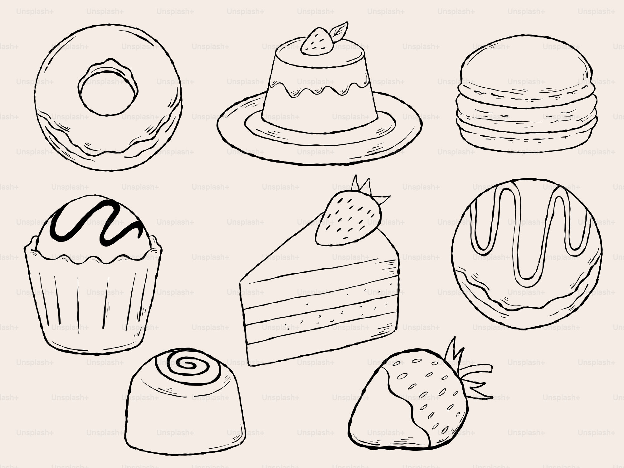 Various desserts and sweets in black and white.