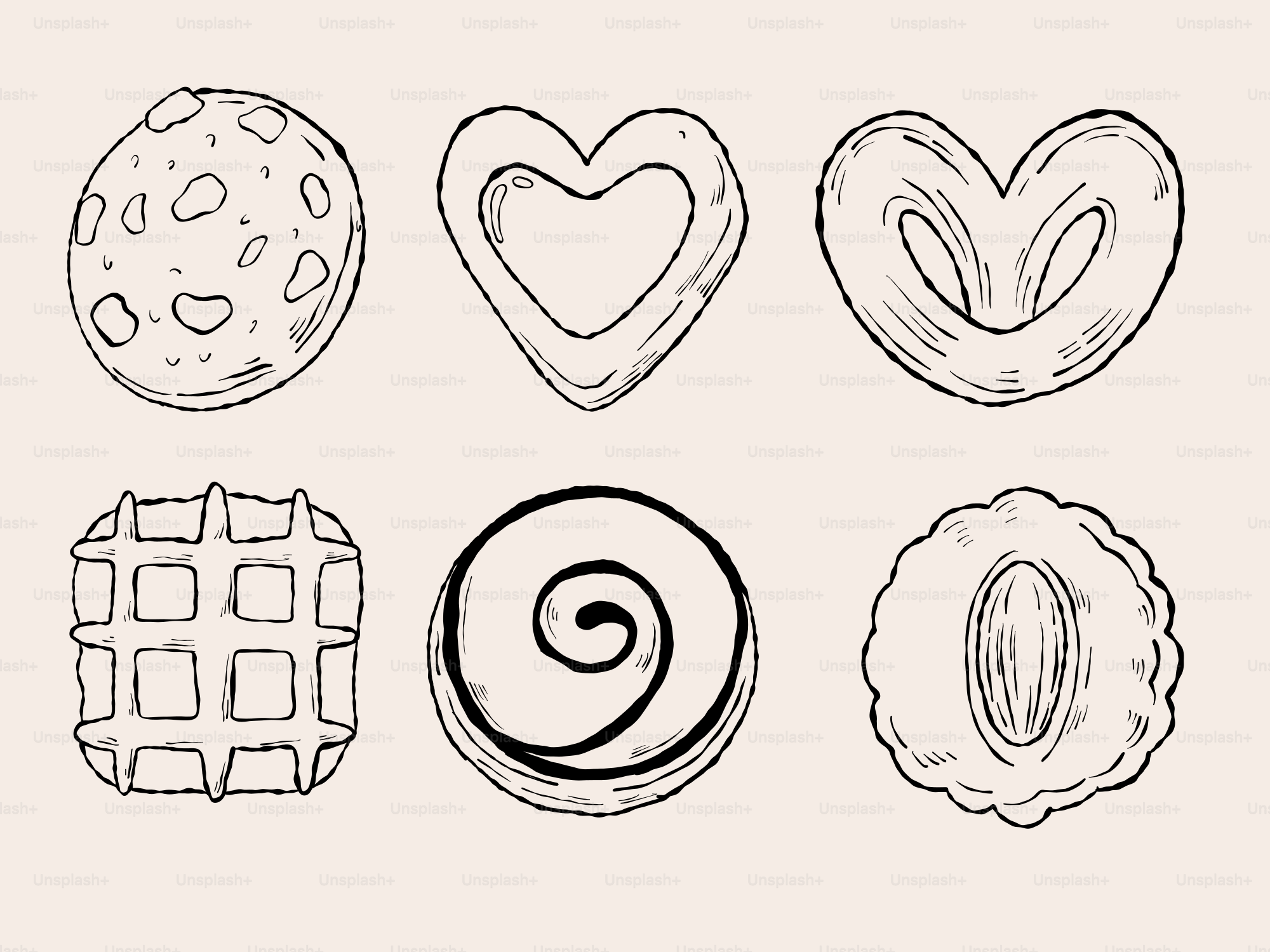 There are six sketched cookies of different shapes.