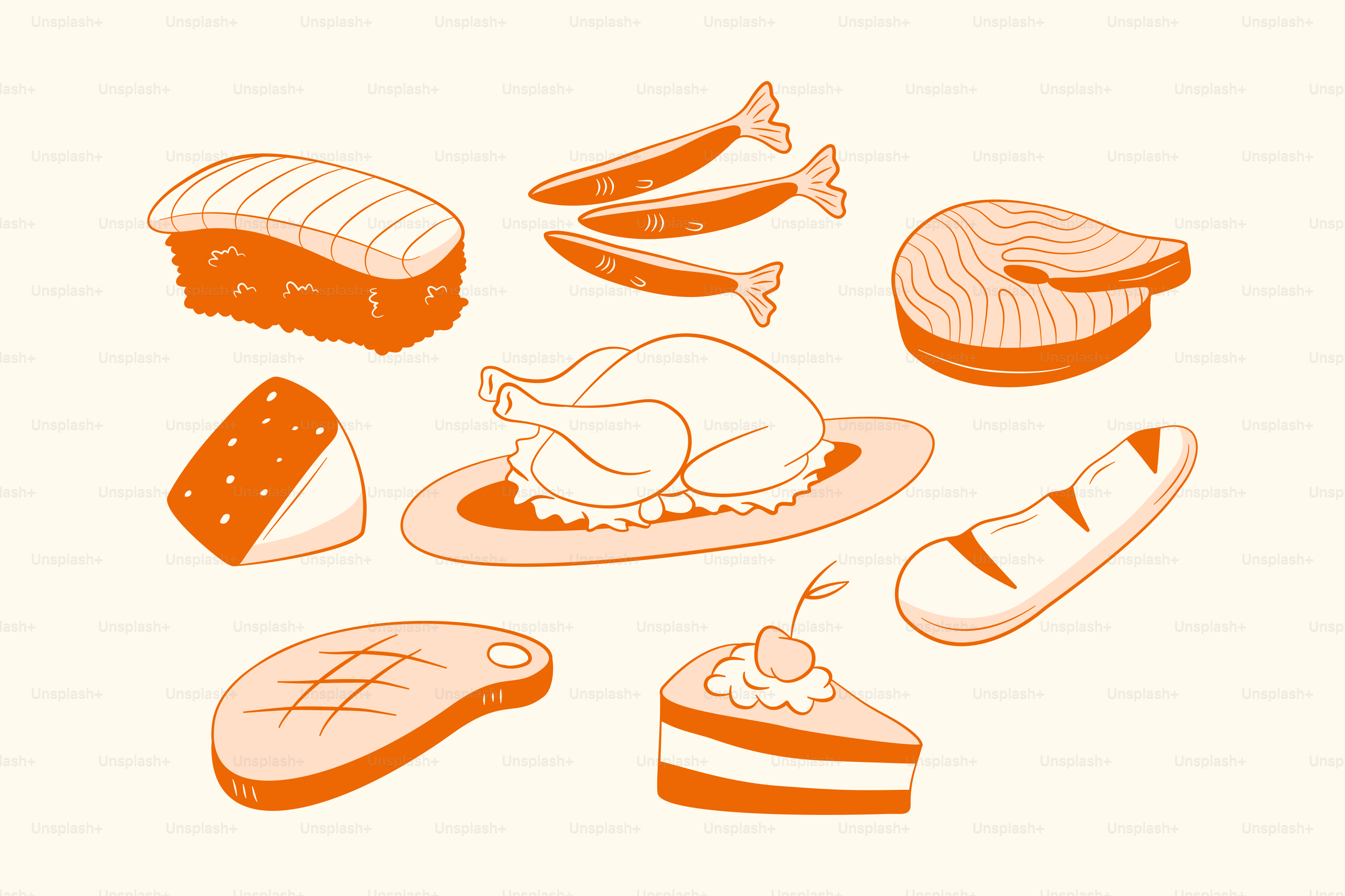 Diversos alimentos, incluyendo carne, sushi y pastel