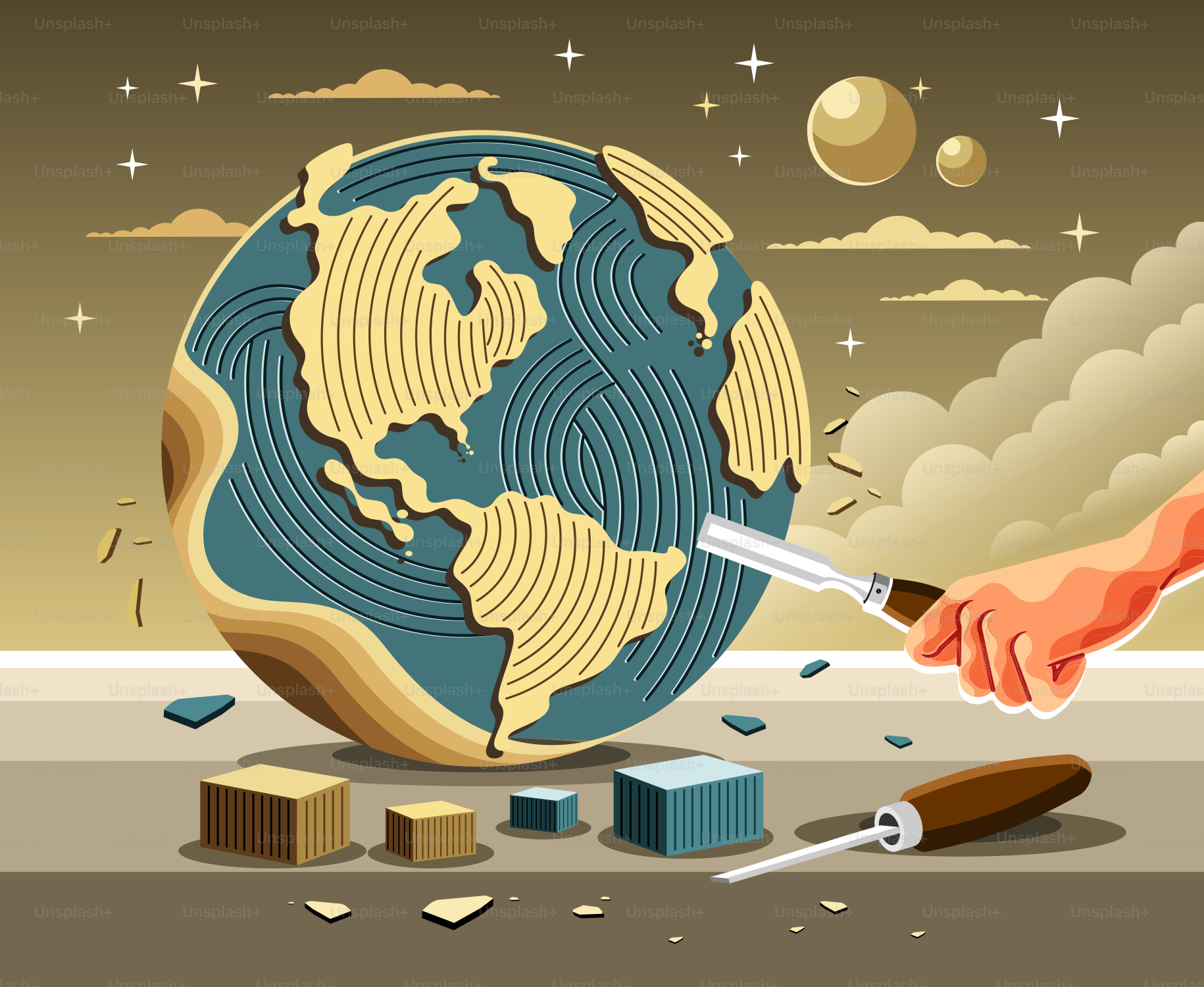 Quelqu’un sculpte un globe dans le bois.