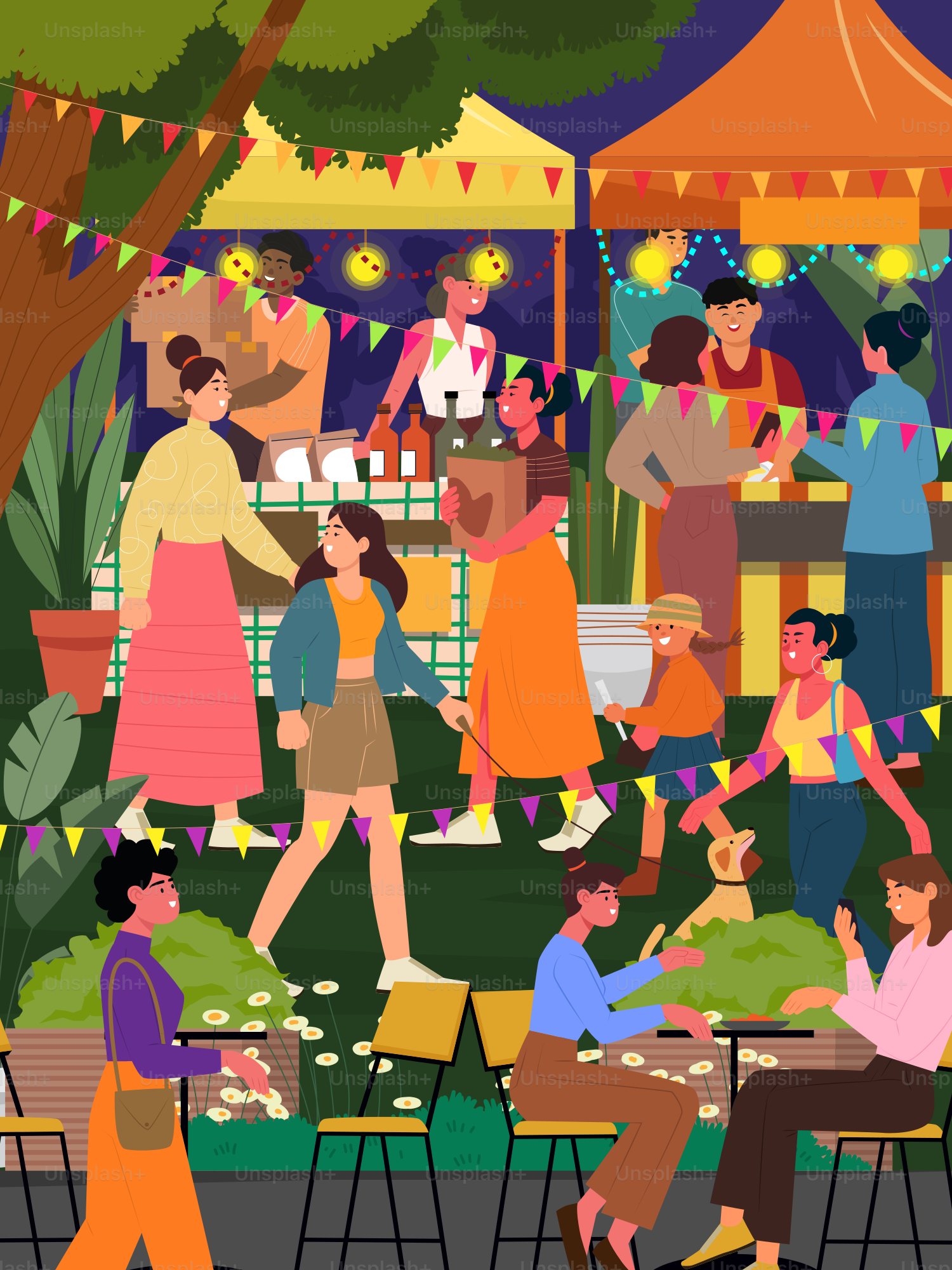 Die Leute genießen einen festlichen Nachtmarkt.