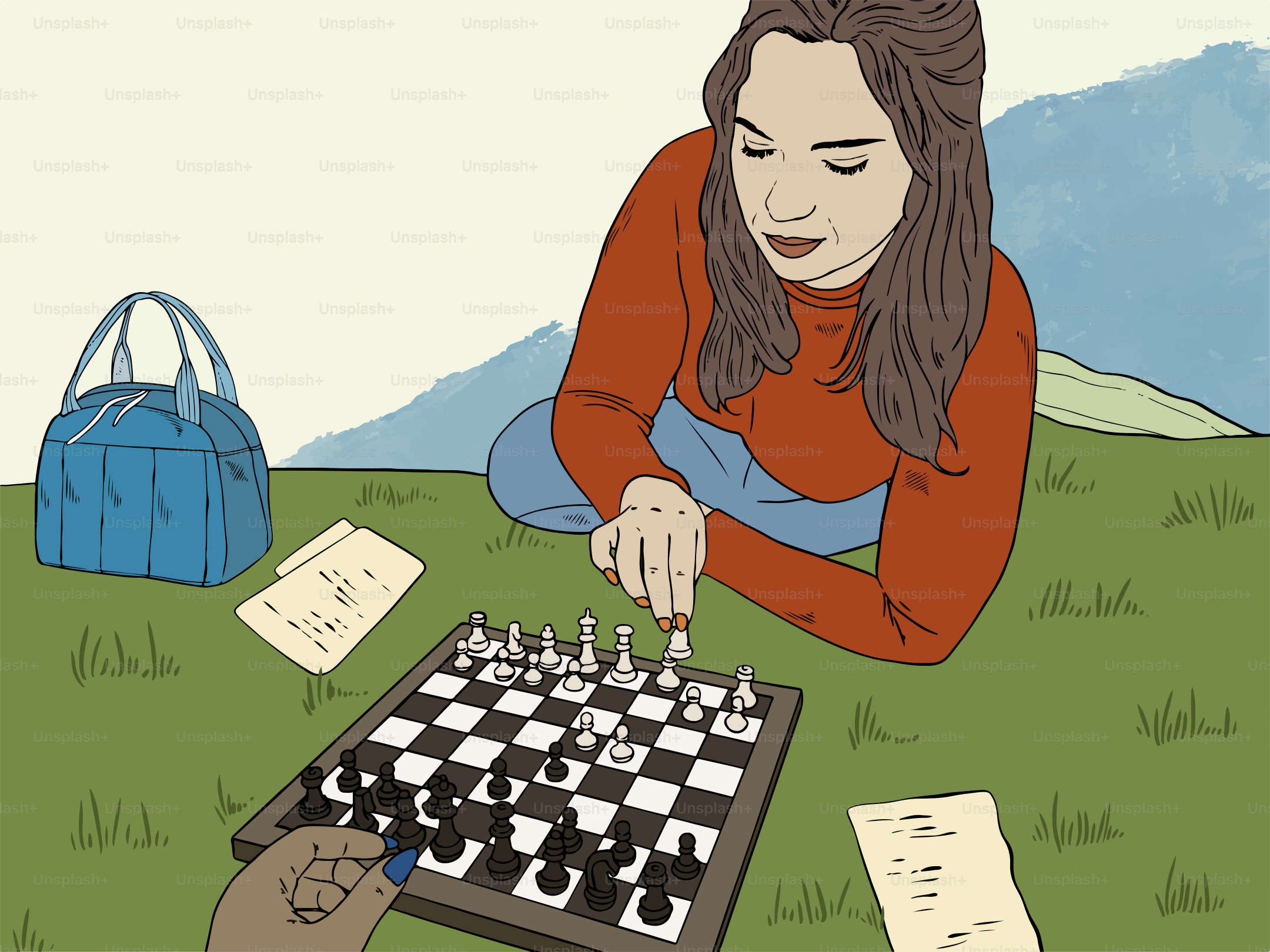 Une femme joue aux échecs sur un terrain herbeux.