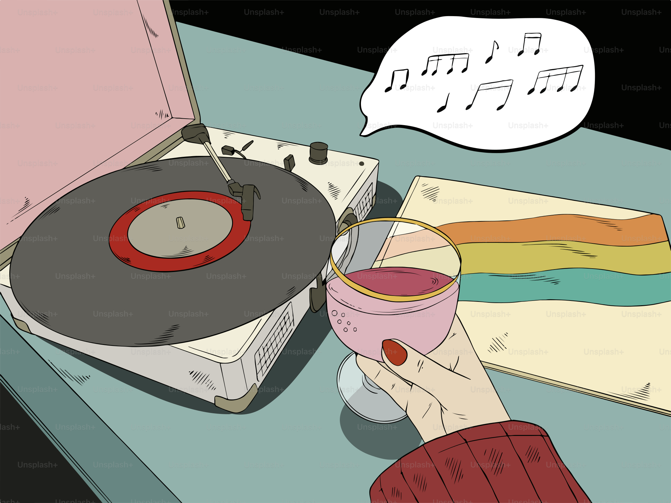 Someone is enjoying music and wine.