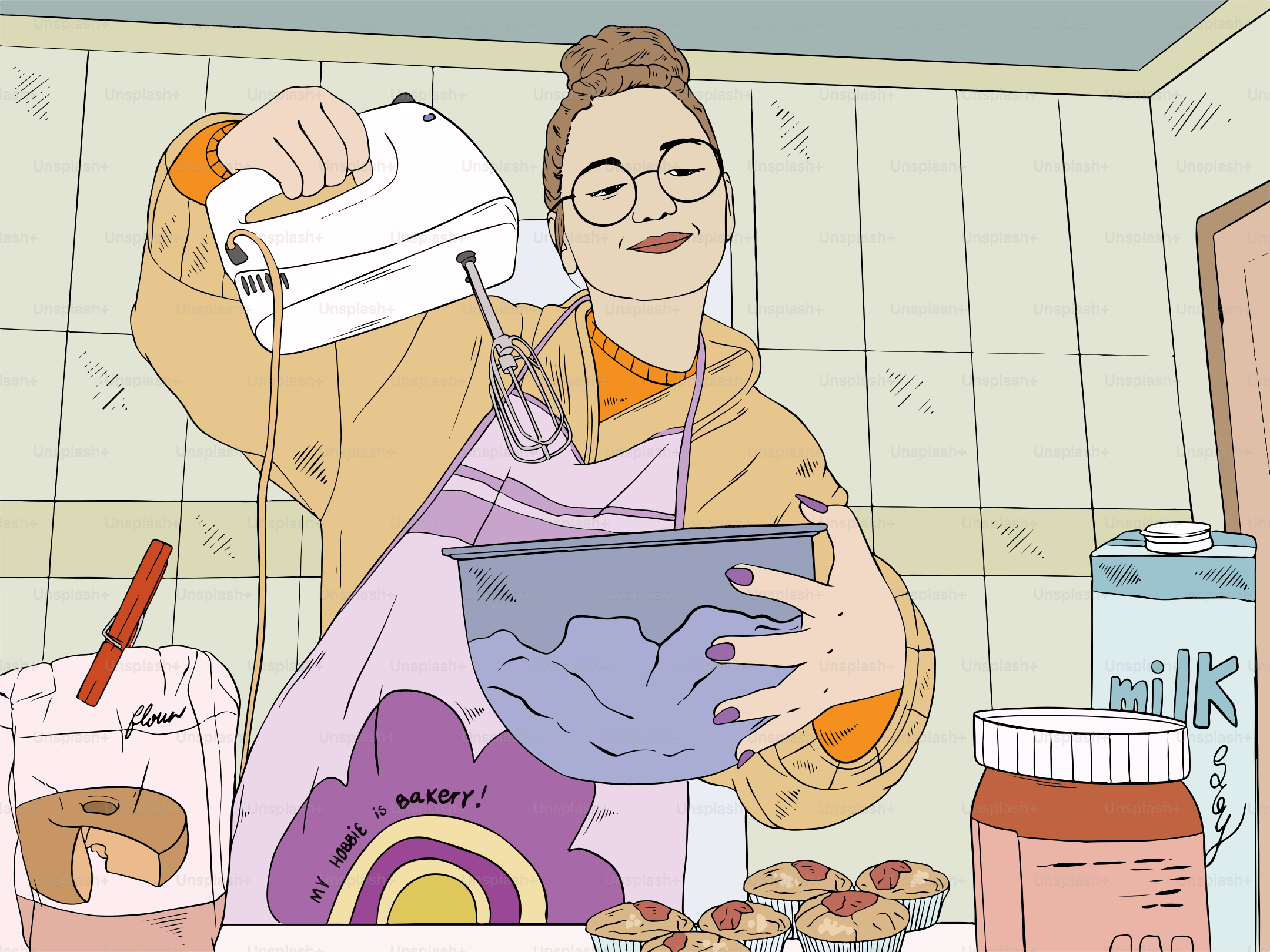 Woman baking in the kitchen with a hand mixer.