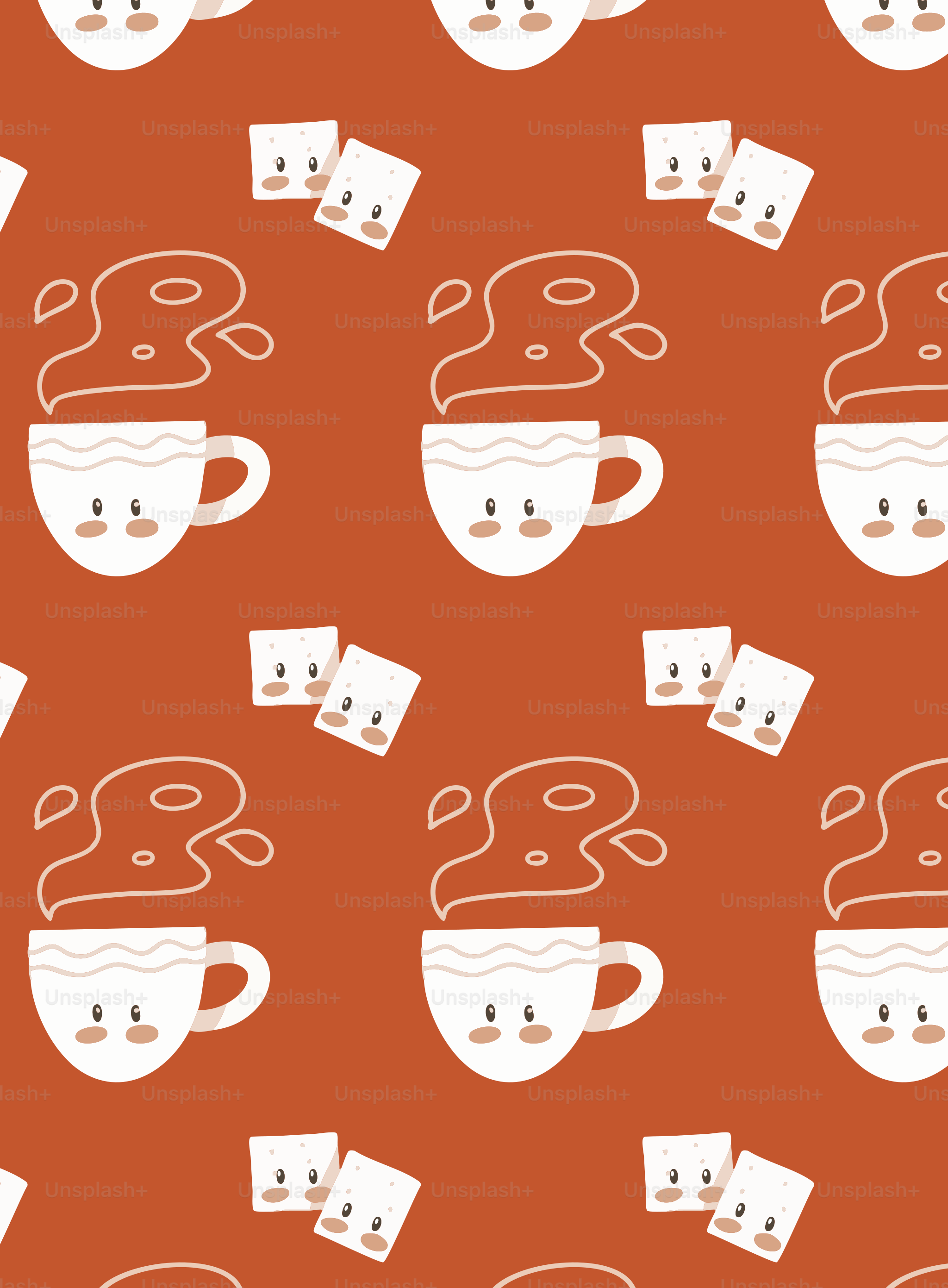 Cute cups of coffee and marshmallows make a pattern.