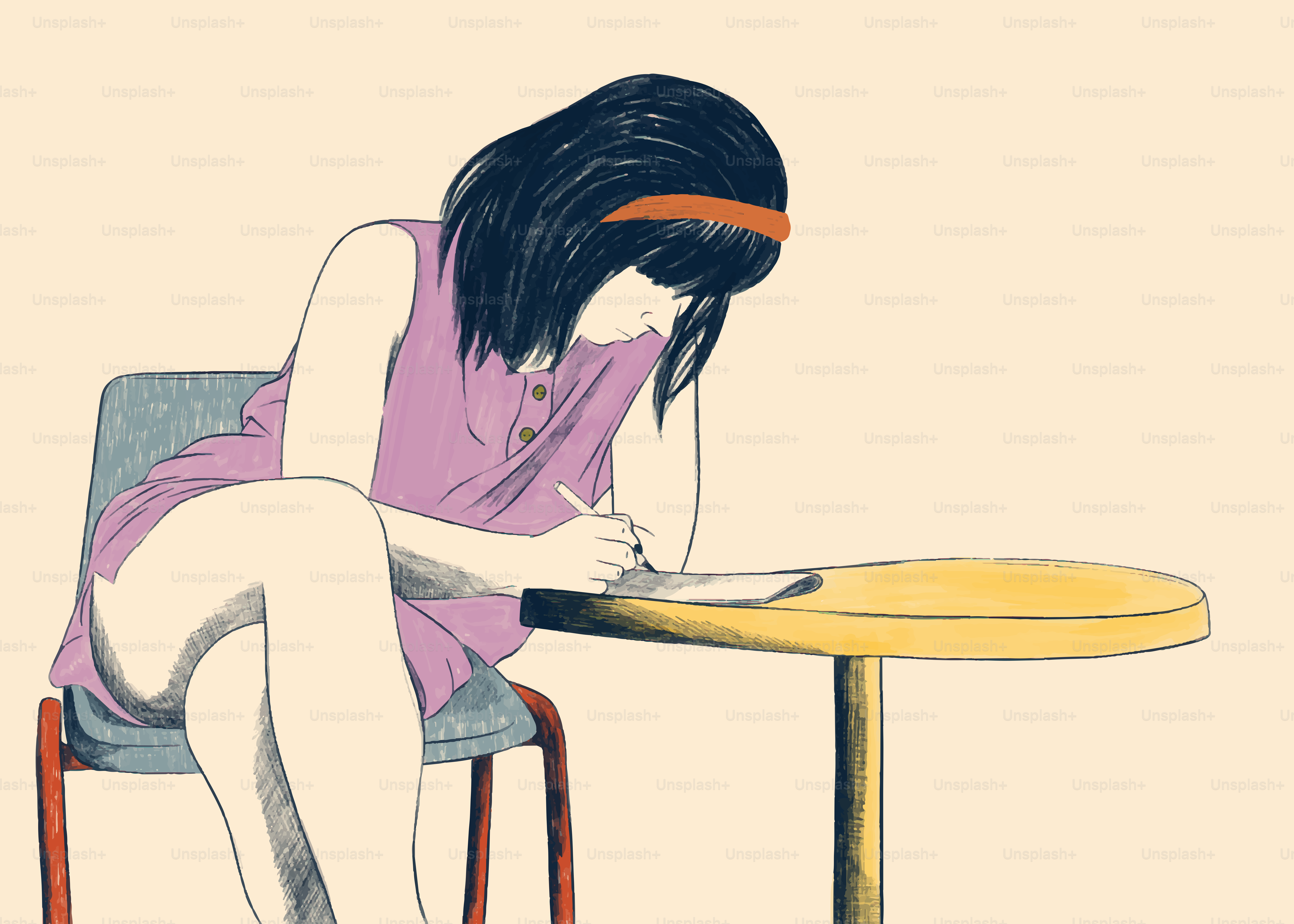 Girl writes at a table, likely studying or writing.