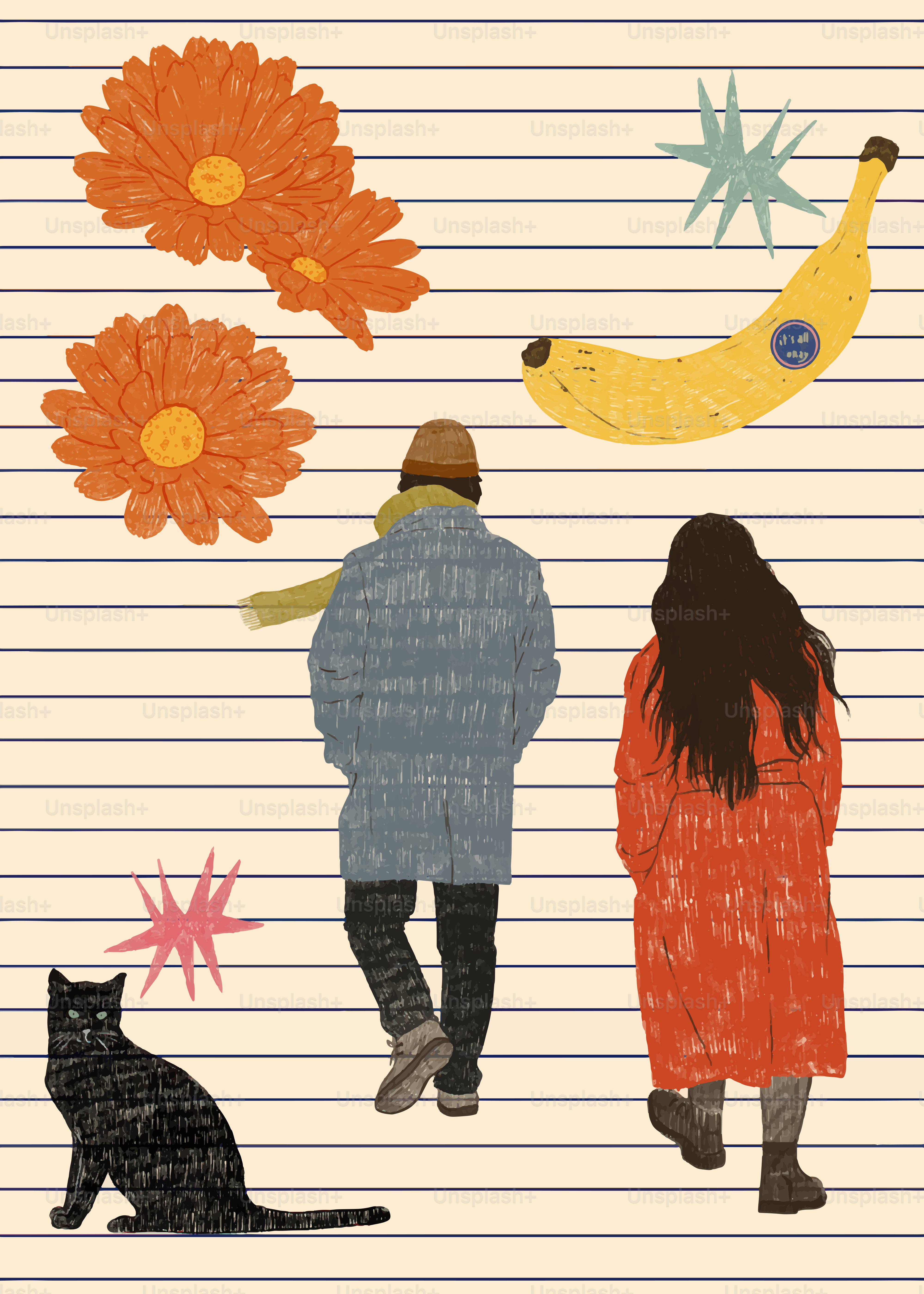 Menschen, die an einer Katze, Blumen und Banane vorbeigehen.