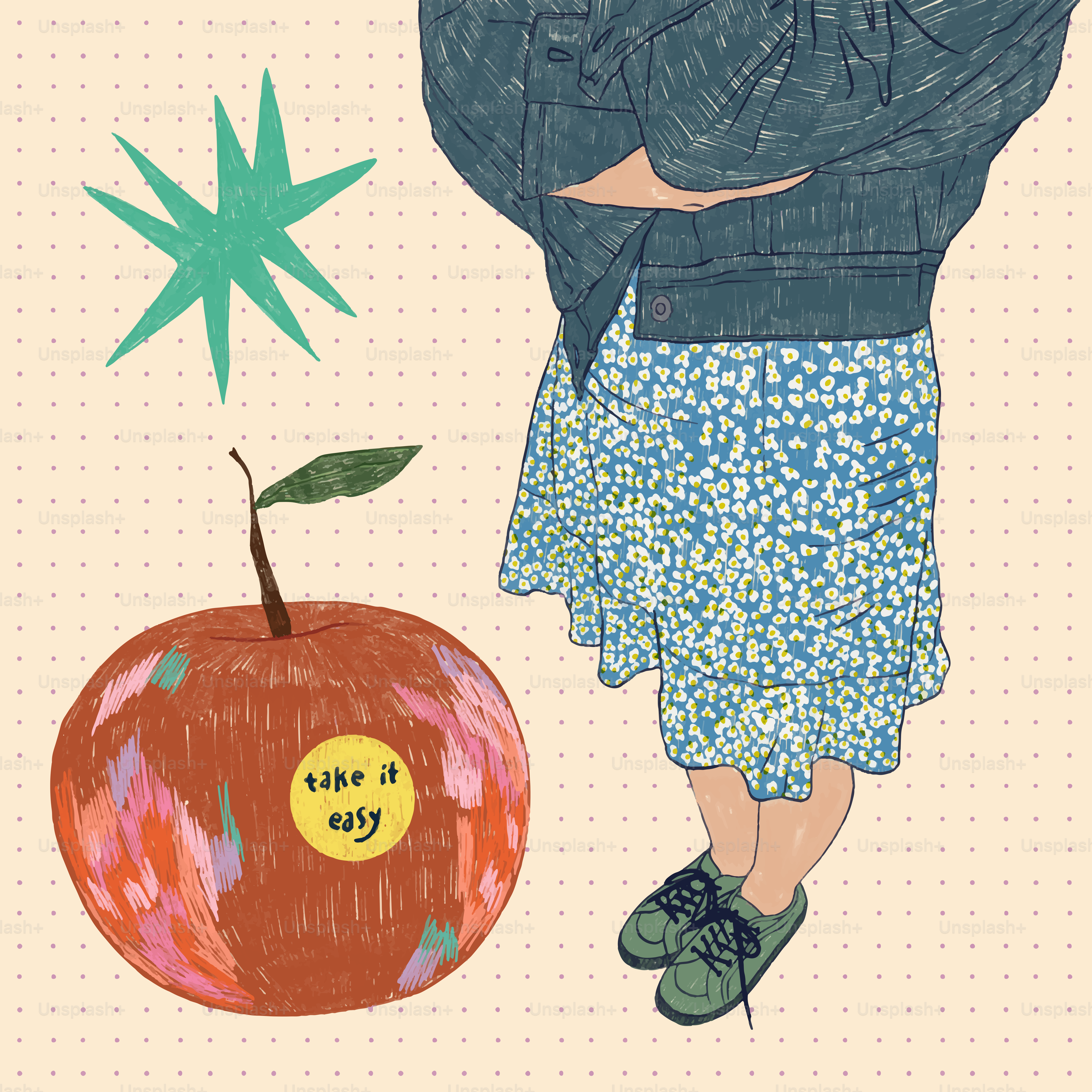 Woman and a large apple with a sticker.