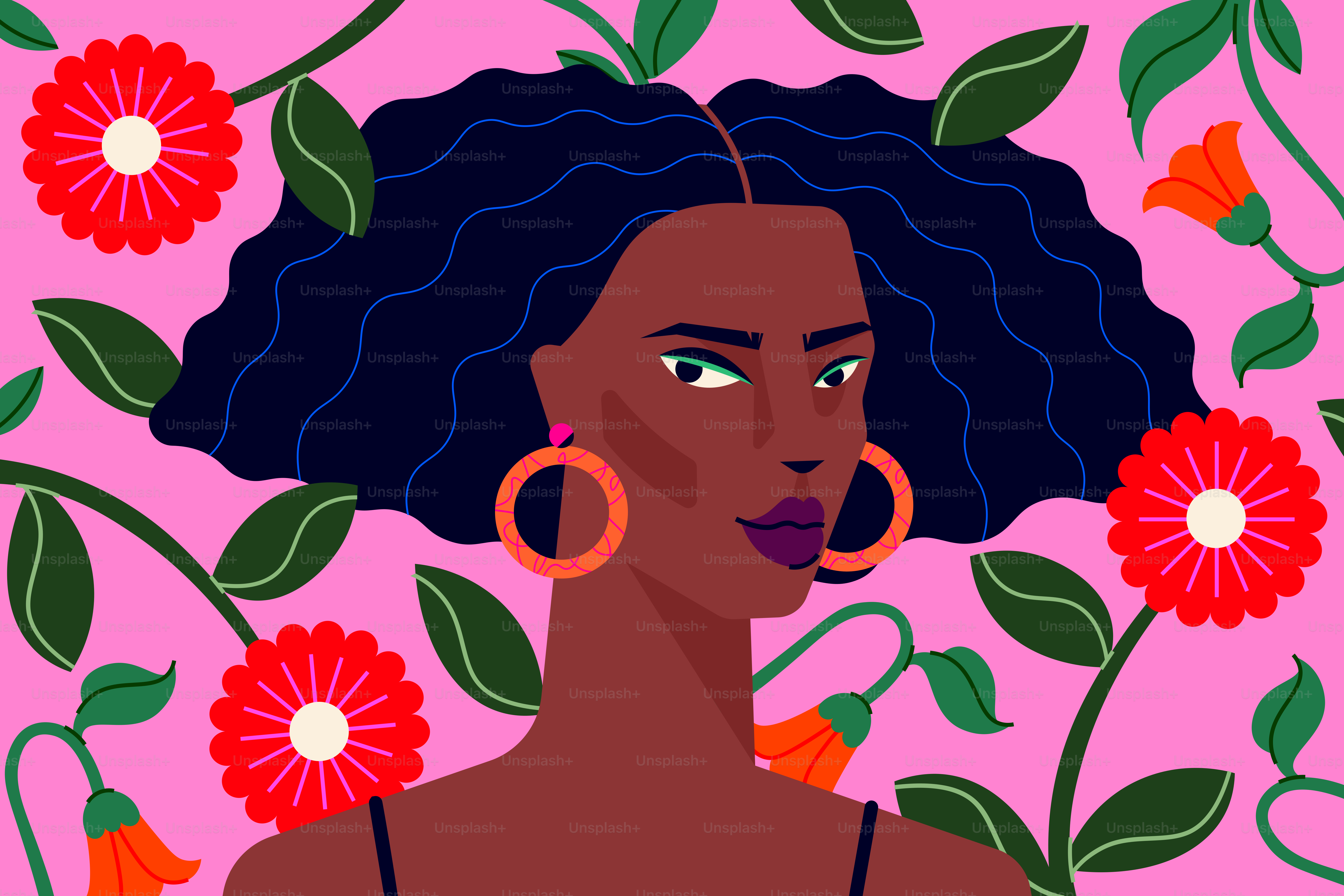 A woman surrounded by flowers on a pink background.