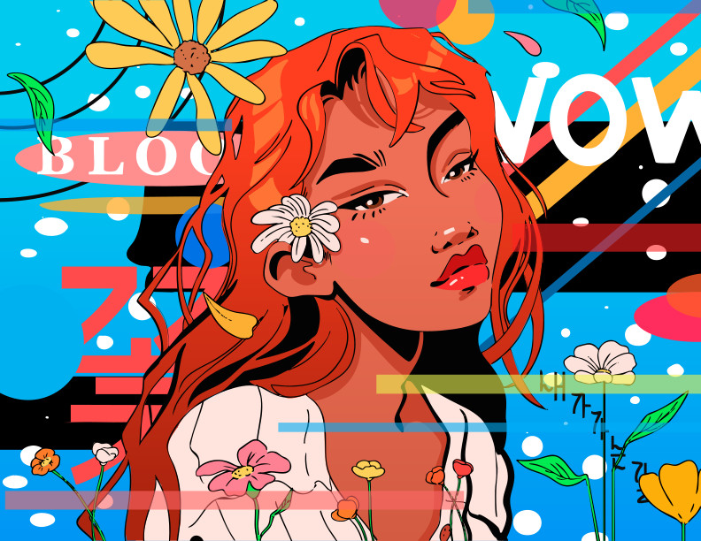 Illustration vibrante d’une femme et de fleurs.