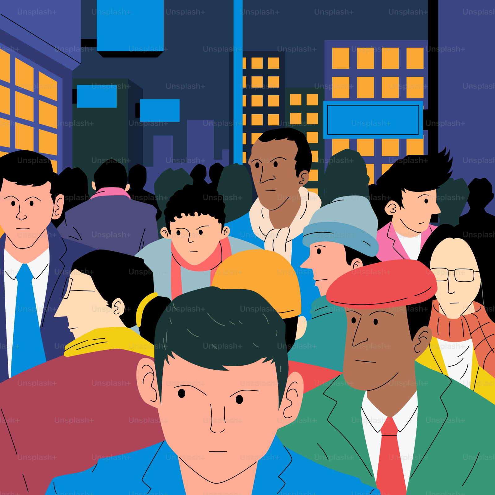 People crowd city night.